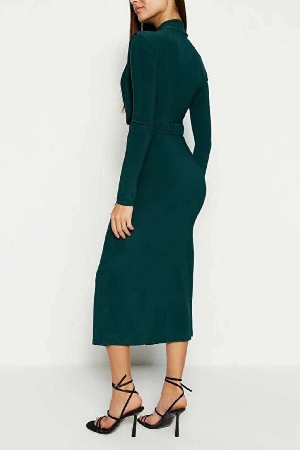 Stretchy Midi Knit Dress with Stand-Up Collar and Belt Detail