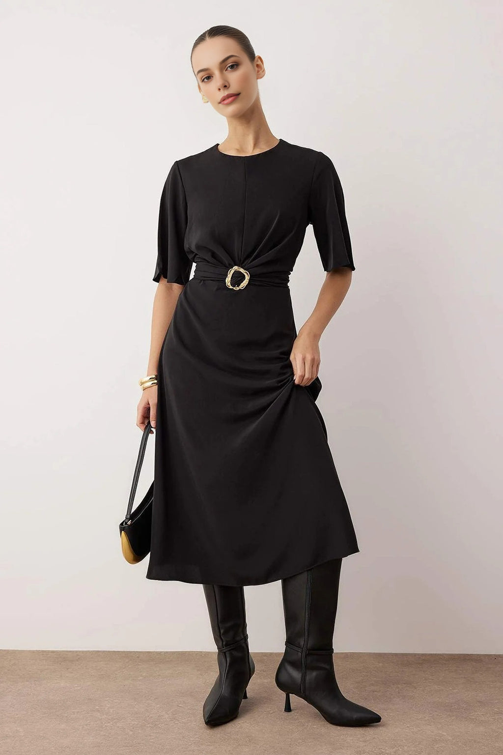 Midi Woven Dress with Accessory Details