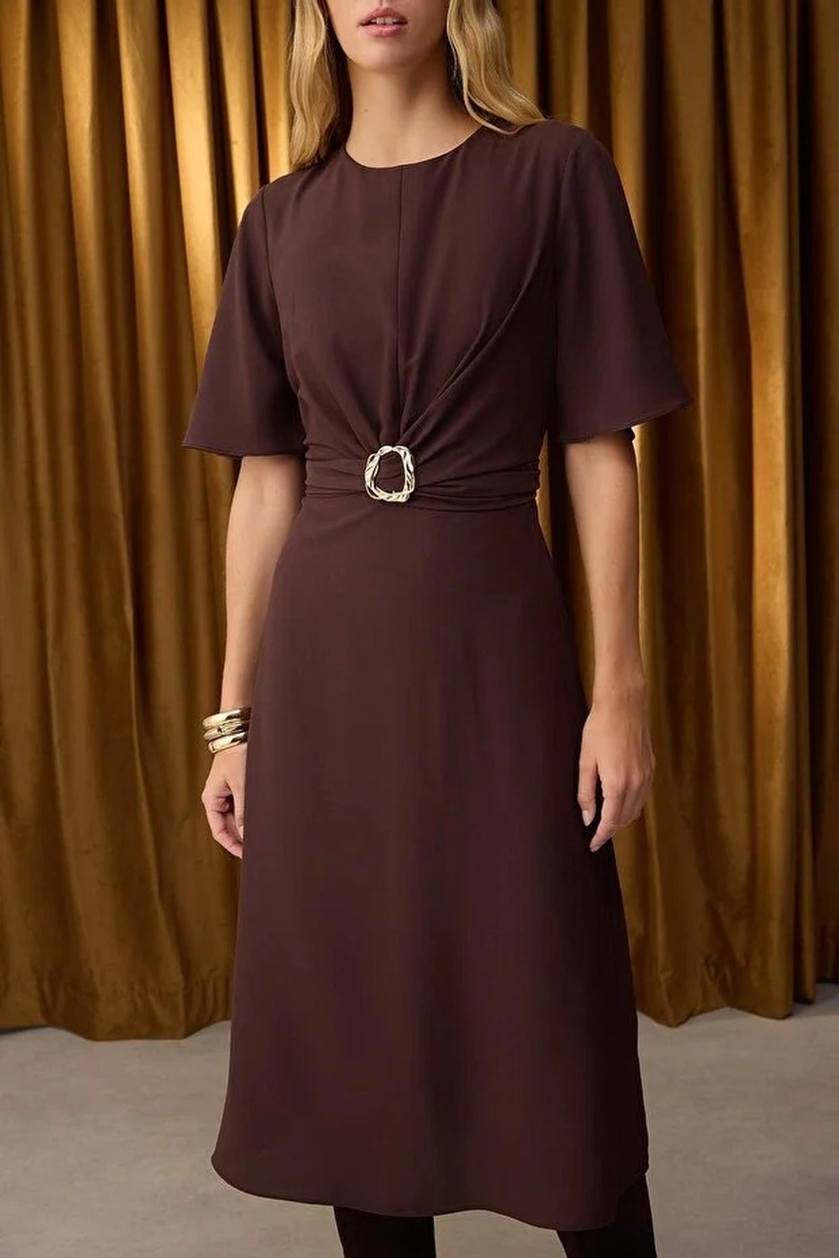 Midi Woven Dress with Accessory Details