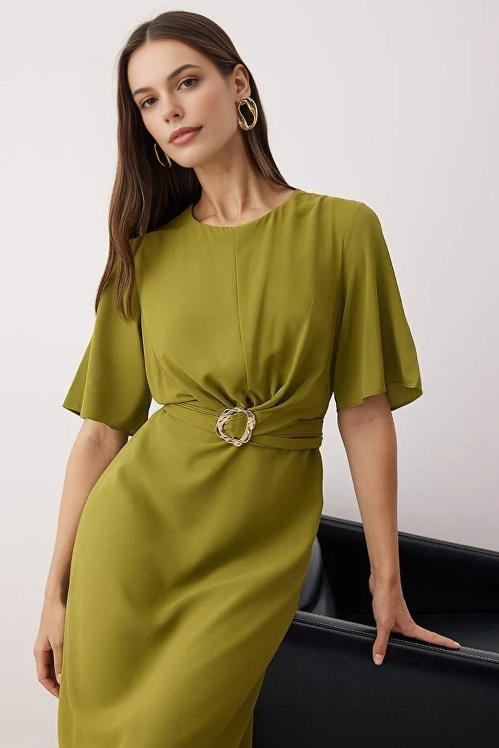 Midi Woven Dress with Accessory Details