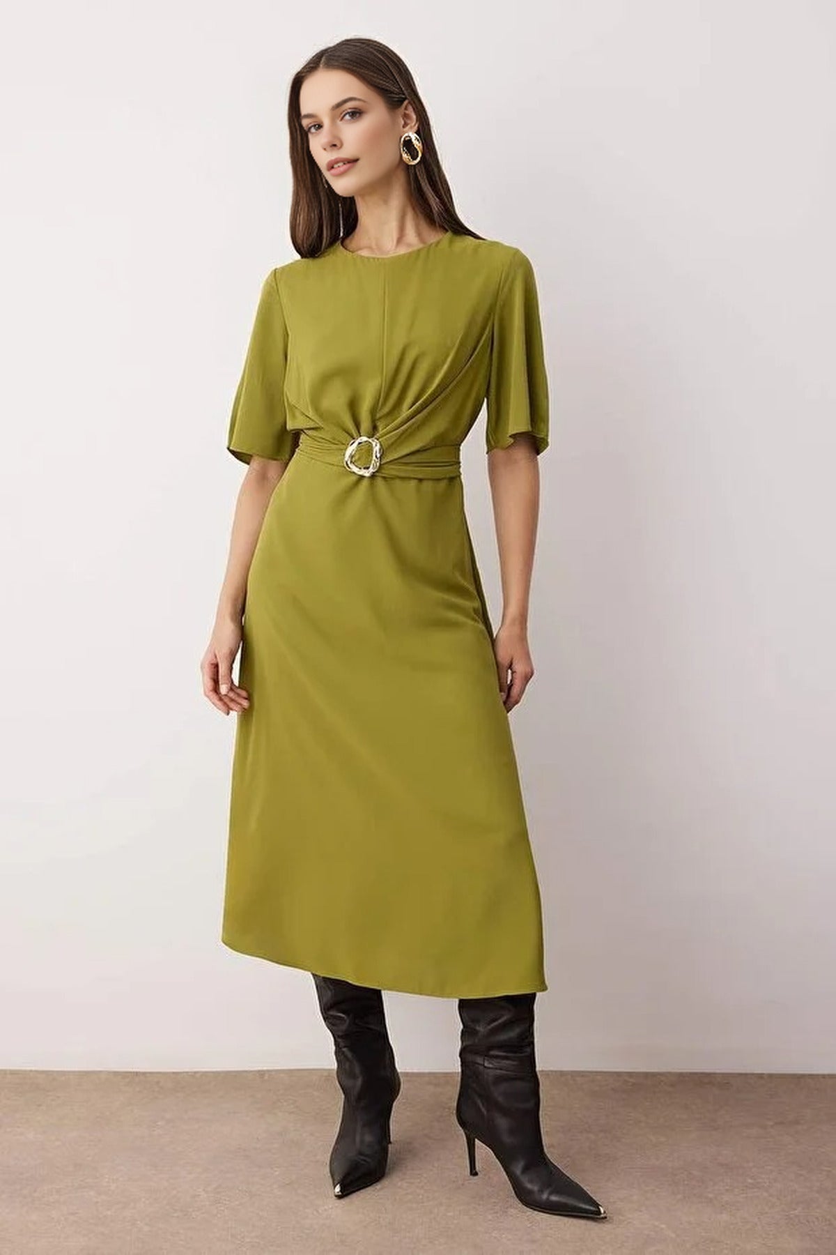 Midi Woven Dress with Accessory Details