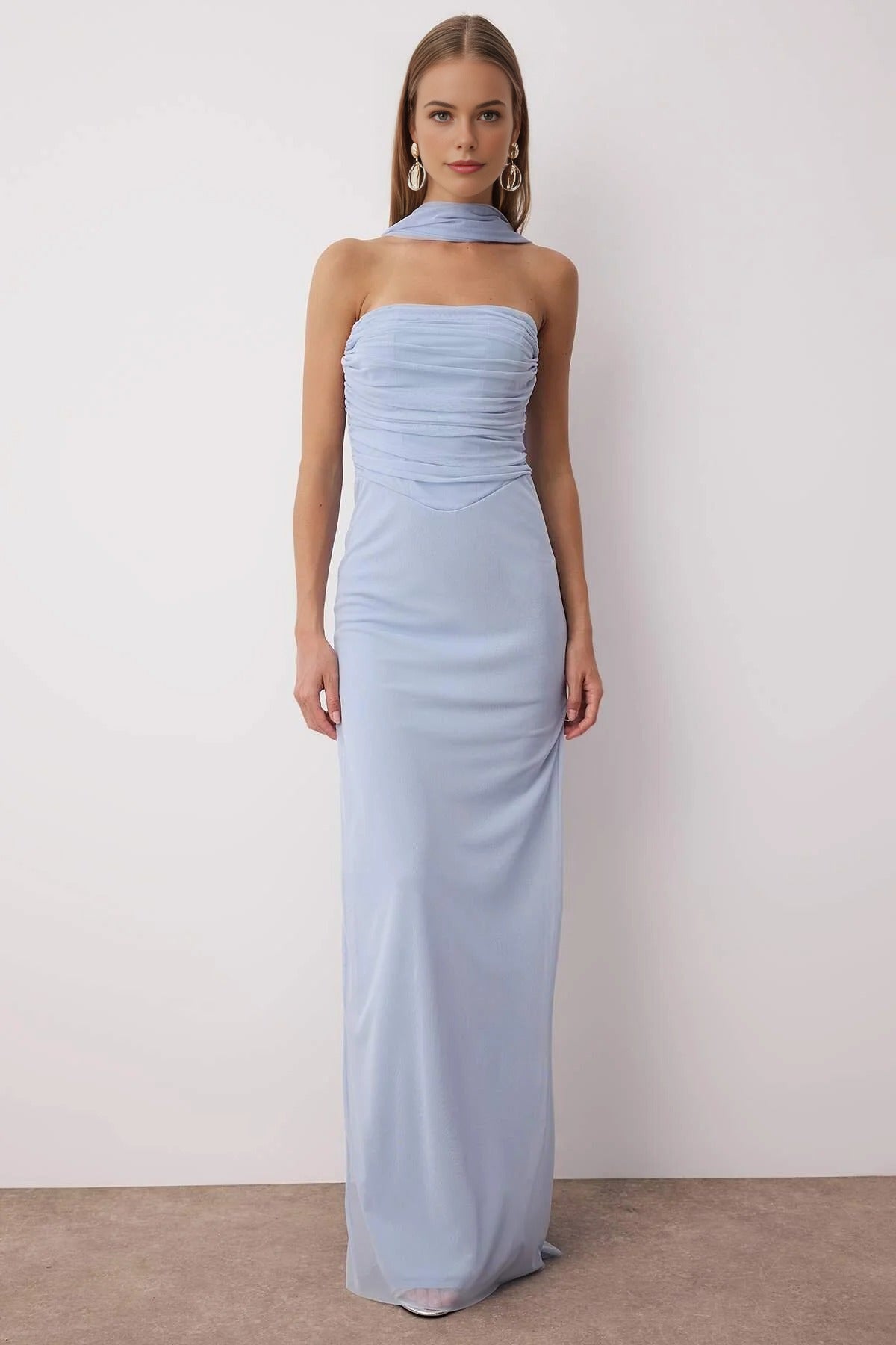 Tulle Knit Maxi Evening Dress with Shawl Detail