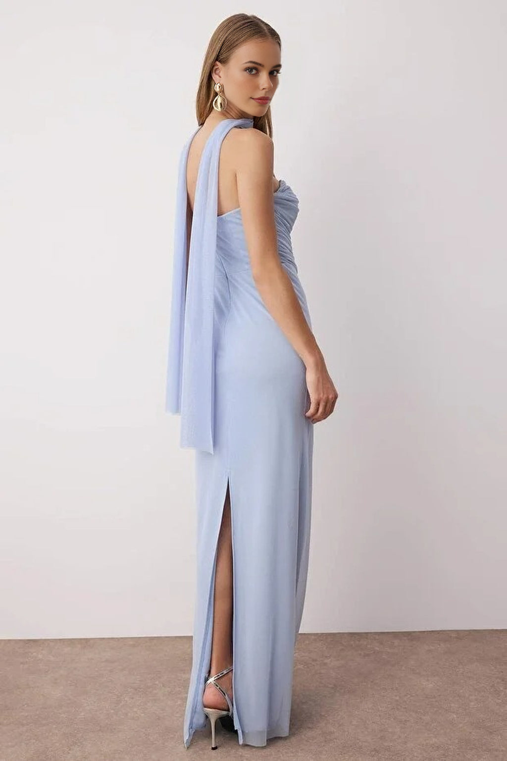 Tulle Knit Maxi Evening Dress with Shawl Detail