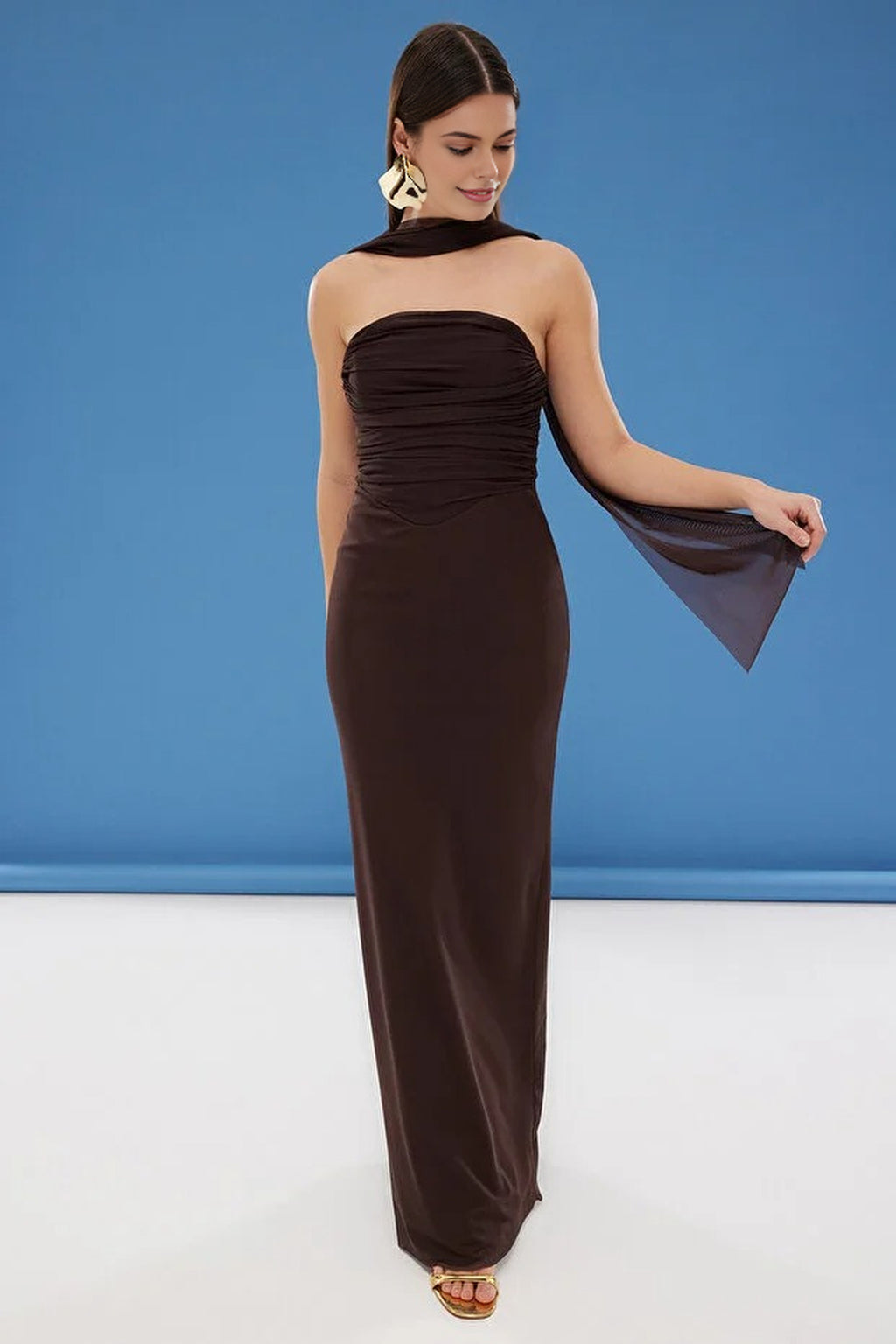 Tulle Knit Maxi Evening Dress with Shawl Detail