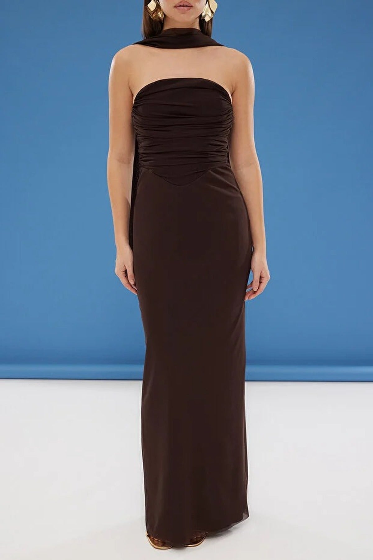 Tulle Knit Maxi Evening Dress with Shawl Detail