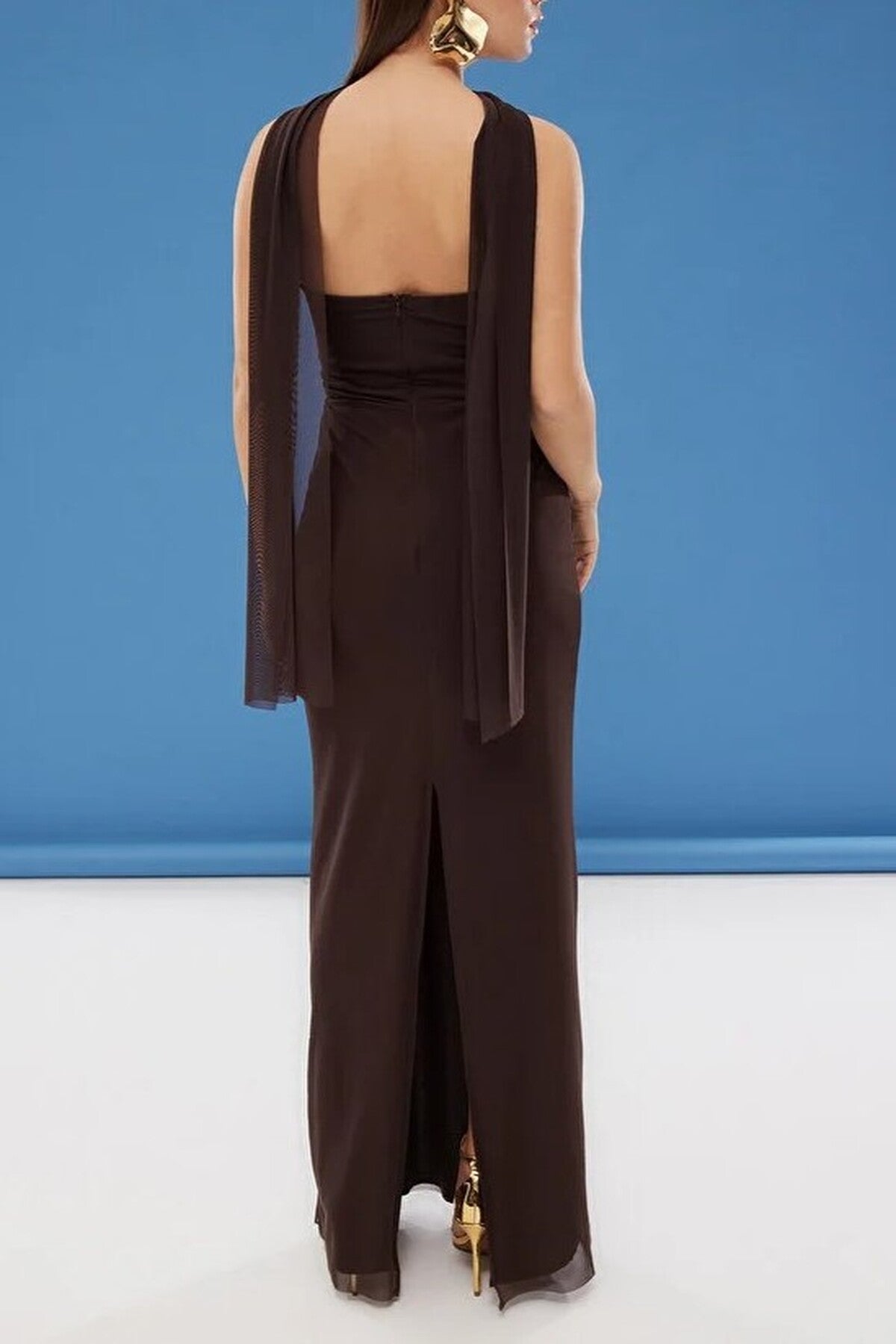 Tulle Knit Maxi Evening Dress with Shawl Detail