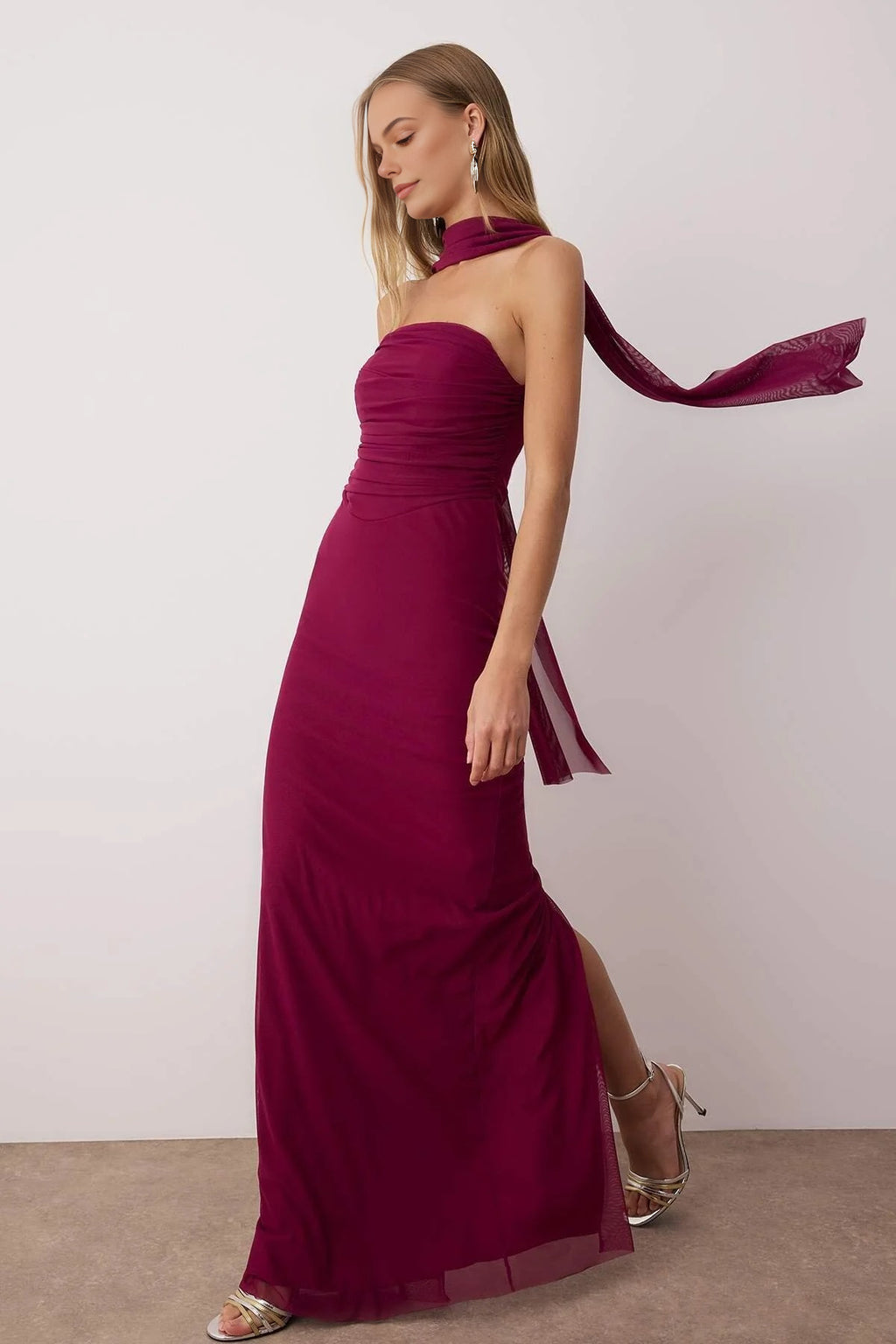 Tulle Knit Maxi Evening Dress with Shawl Detail