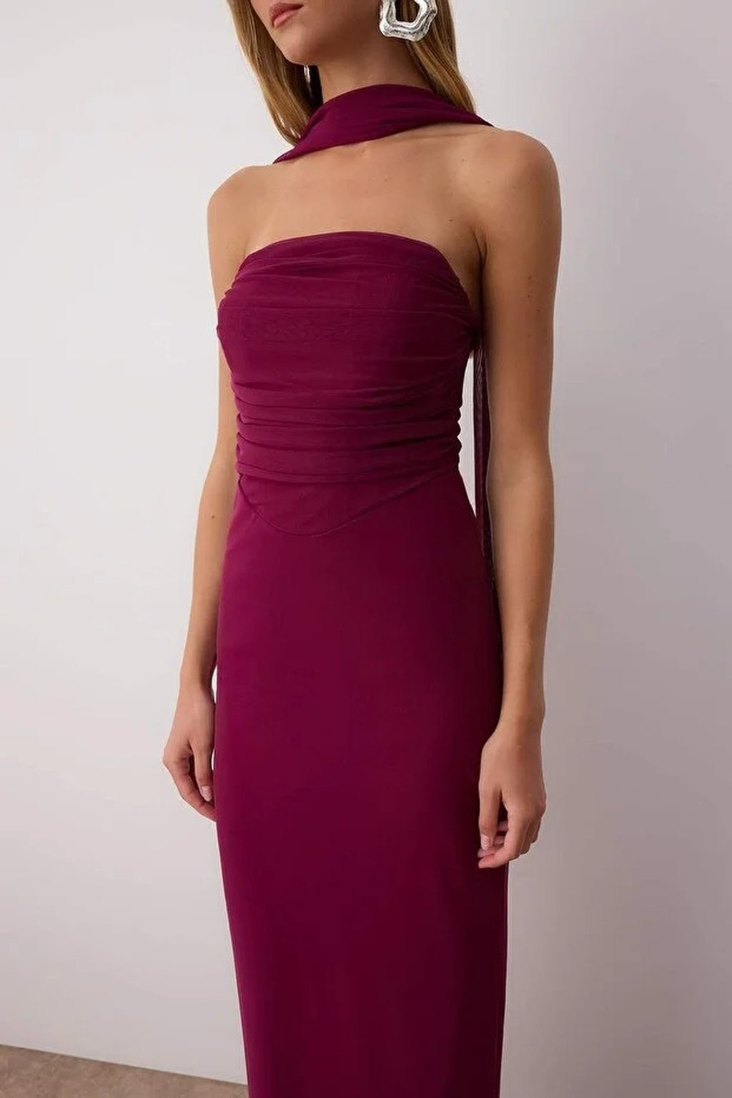 Tulle Knit Maxi Evening Dress with Shawl Detail