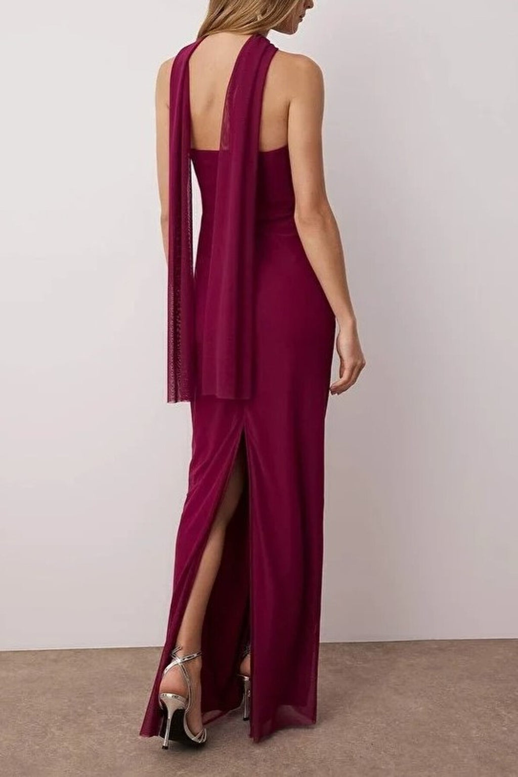 Tulle Knit Maxi Evening Dress with Shawl Detail