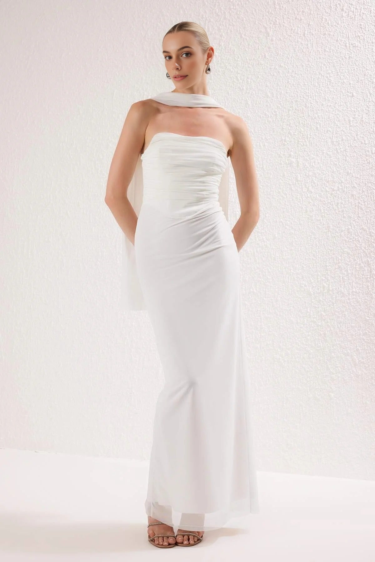 Tulle Knit Maxi Evening Dress with Shawl Detail