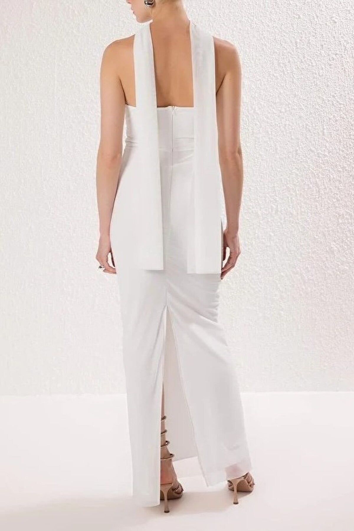 Tulle Knit Maxi Evening Dress with Shawl Detail