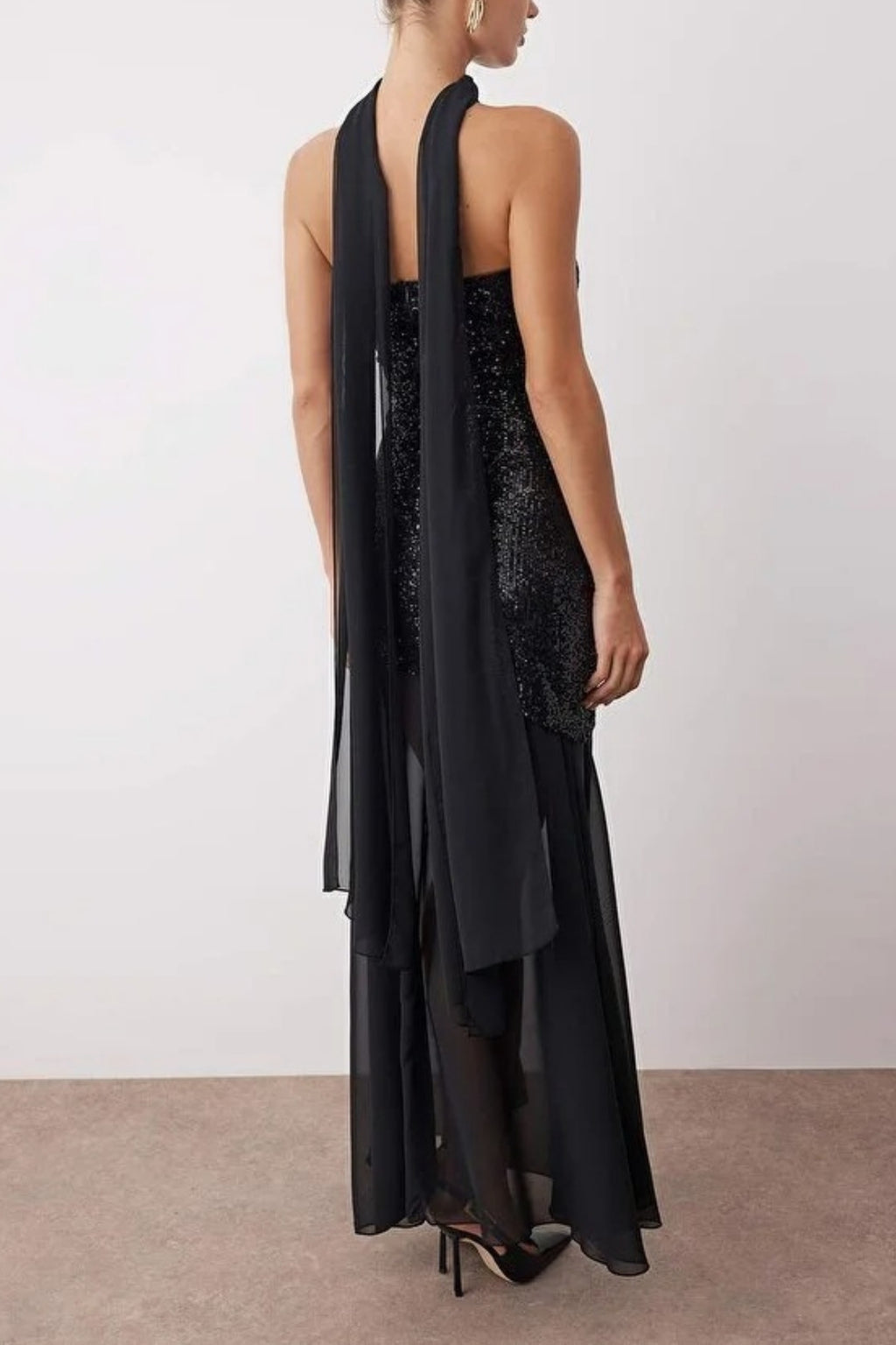 Sequin Woven Maxi Evening Dress with Shawl Detail