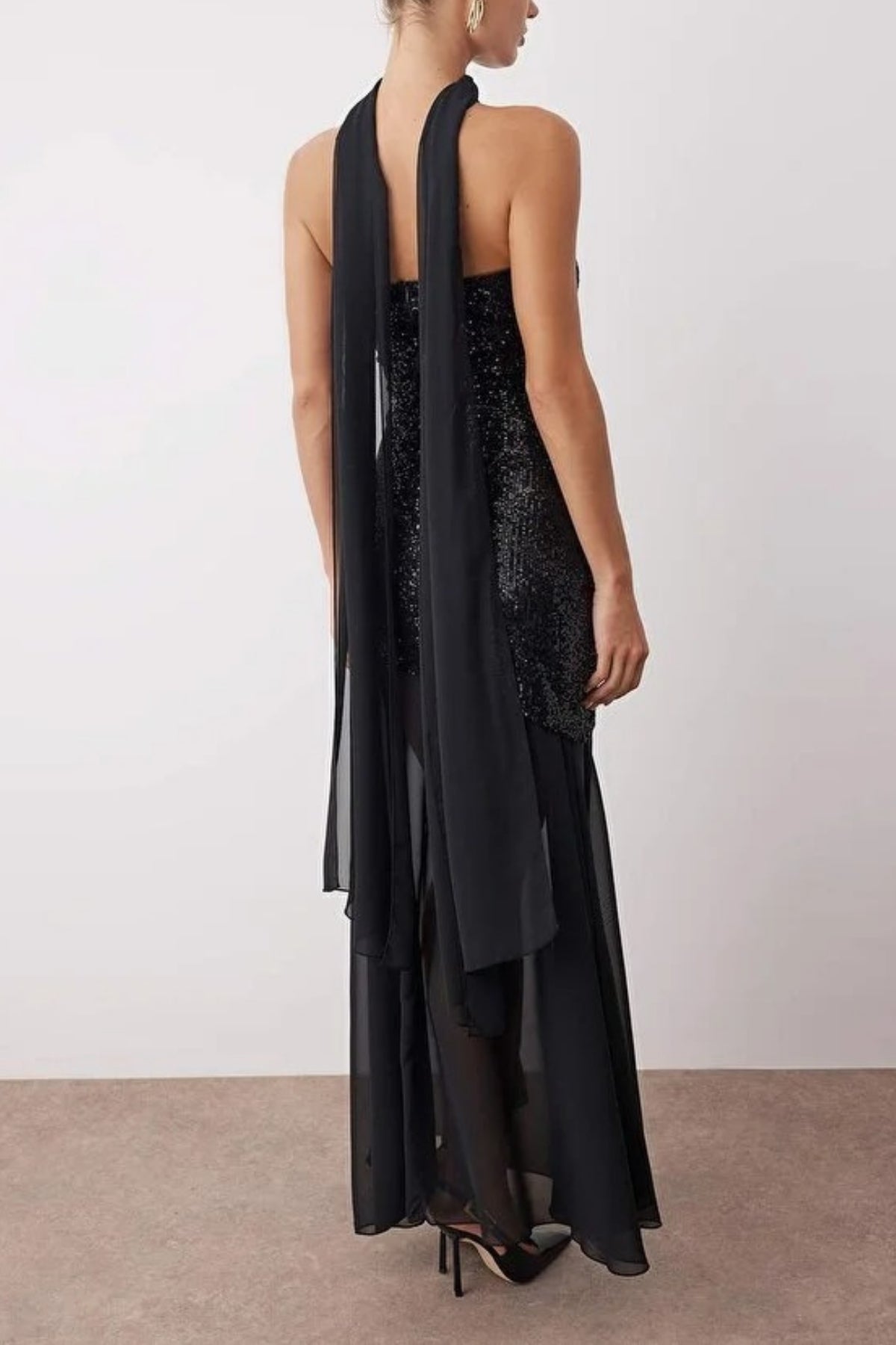 Sequin Woven Maxi Evening Dress with Shawl Detail