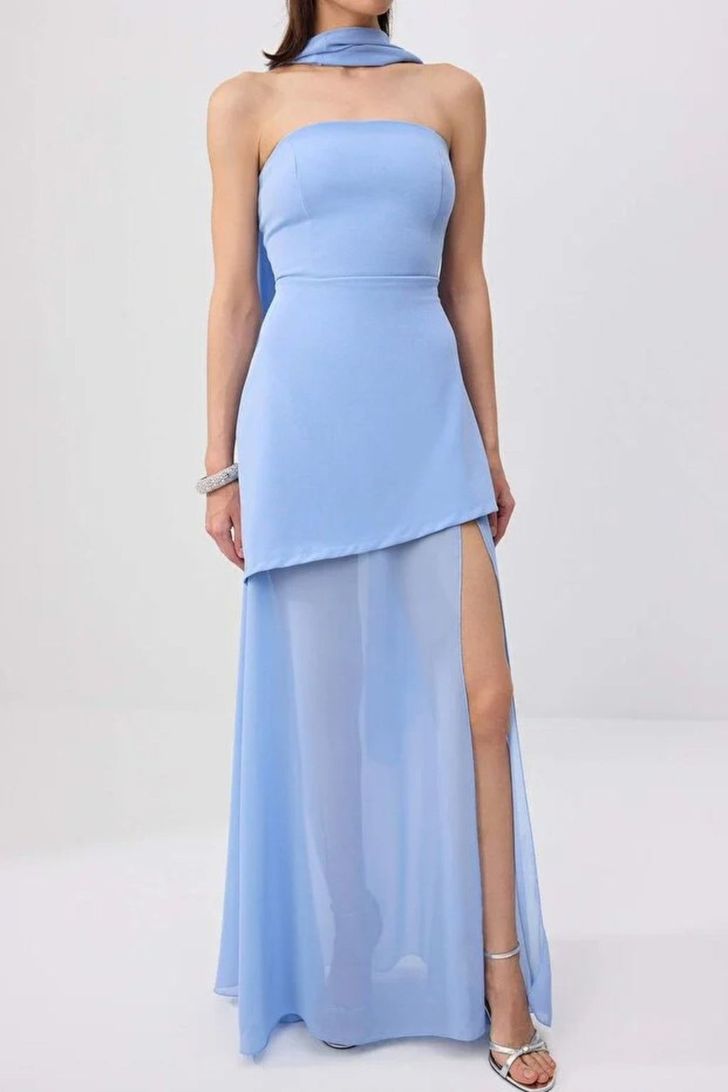 Woven Maxi Evening Dress with Shawl Detail