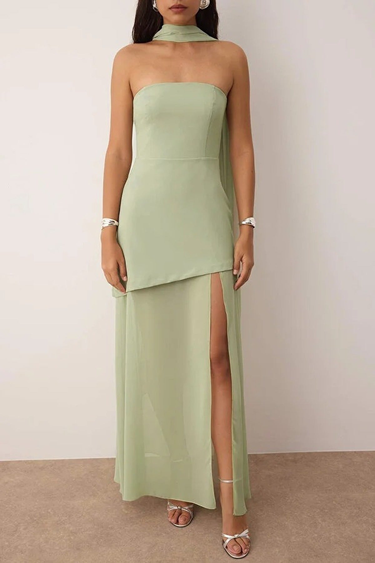 Woven Maxi Evening Dress with Shawl Detail