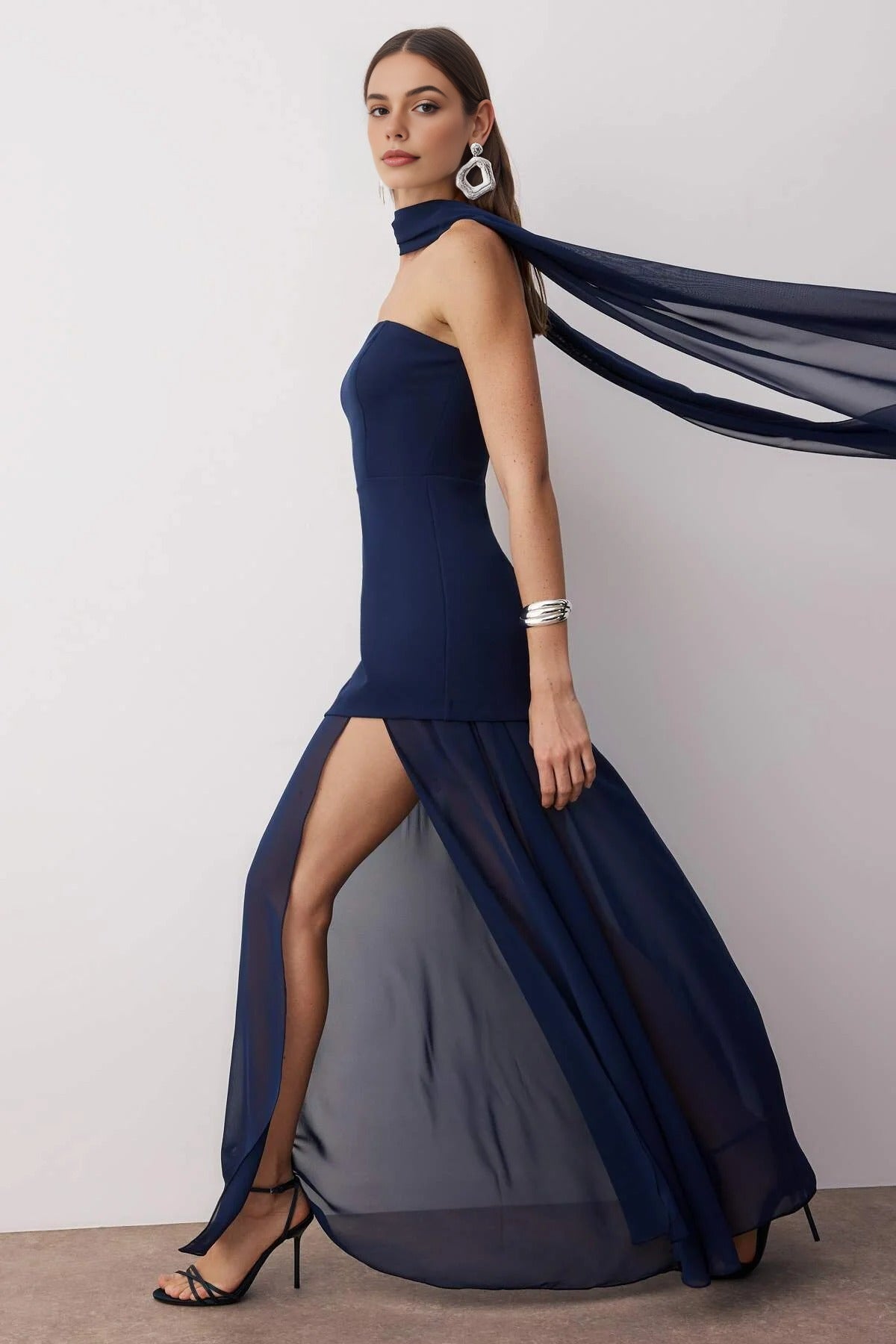 Woven Maxi Evening Dress with Shawl Detail