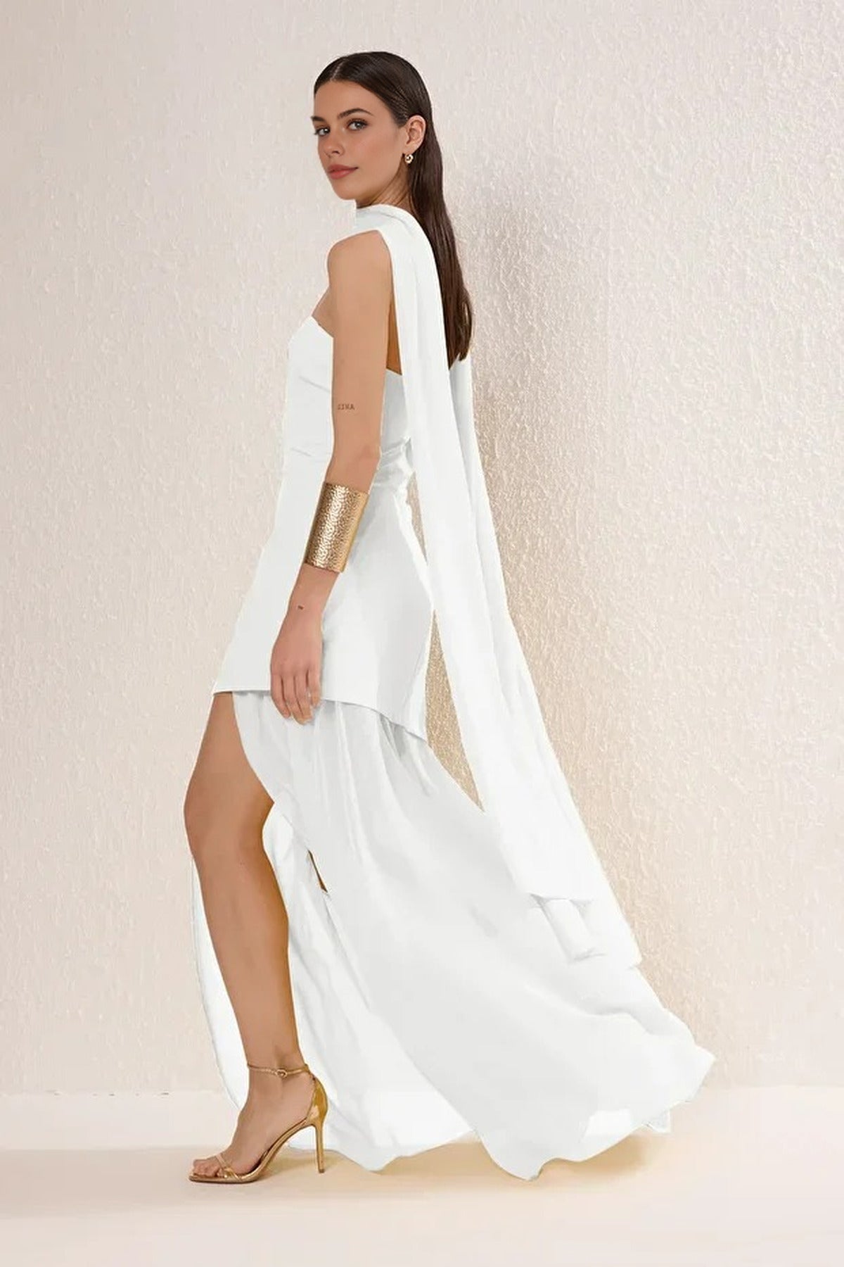 Woven Maxi Evening Dress with Shawl Detail