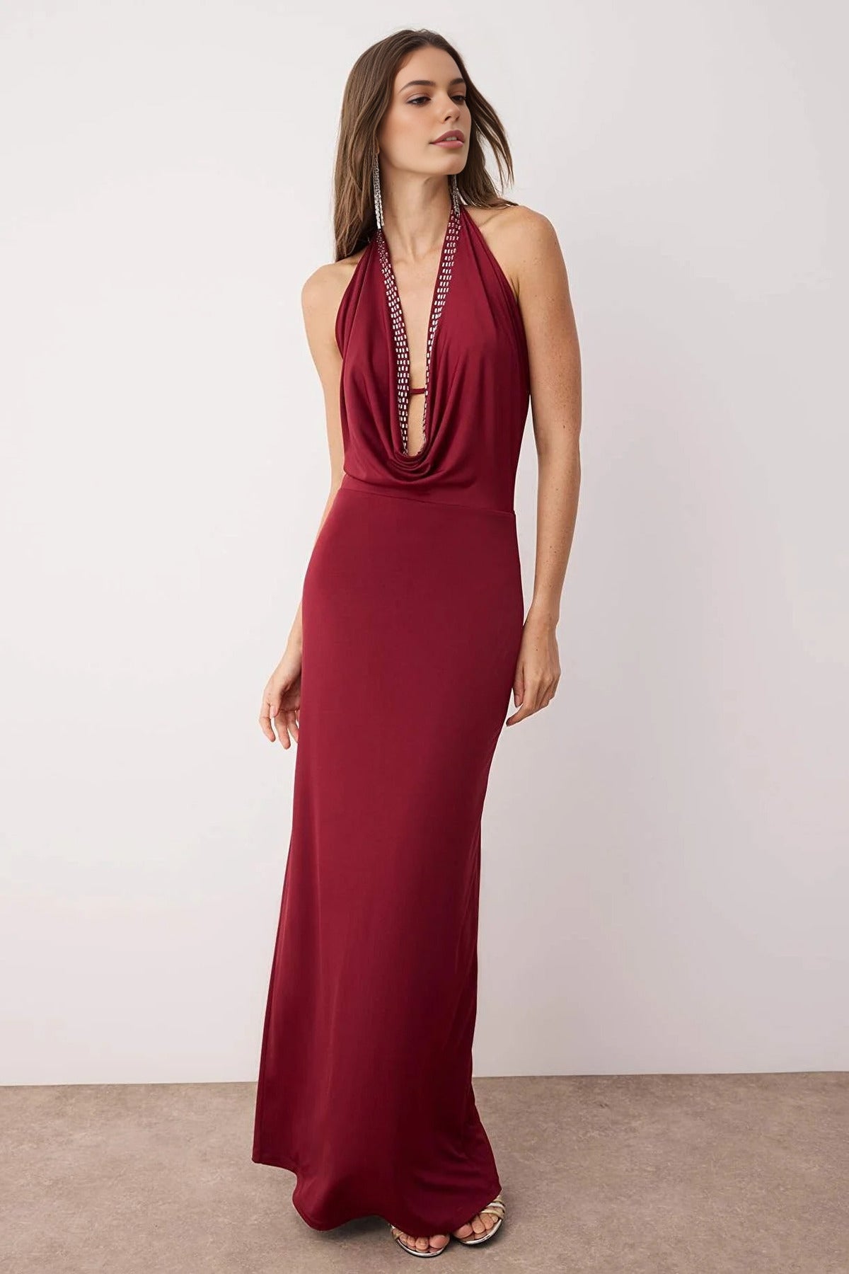 Cowl Neck Evening Dress with Shiny Stone Detail