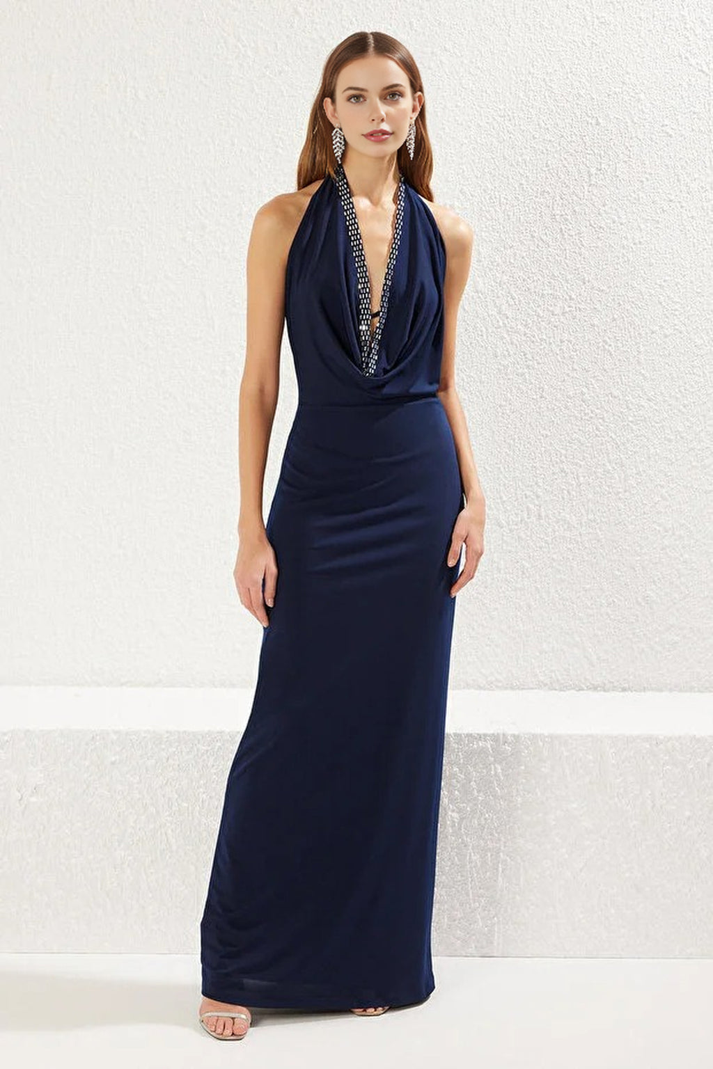 Cowl Neck Evening Dress with Shiny Stone Detail