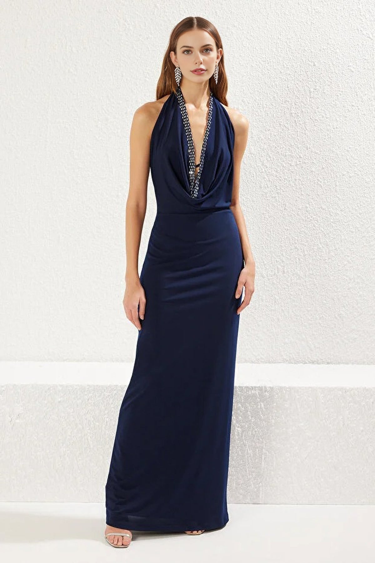 Cowl Neck Evening Dress with Shiny Stone Detail