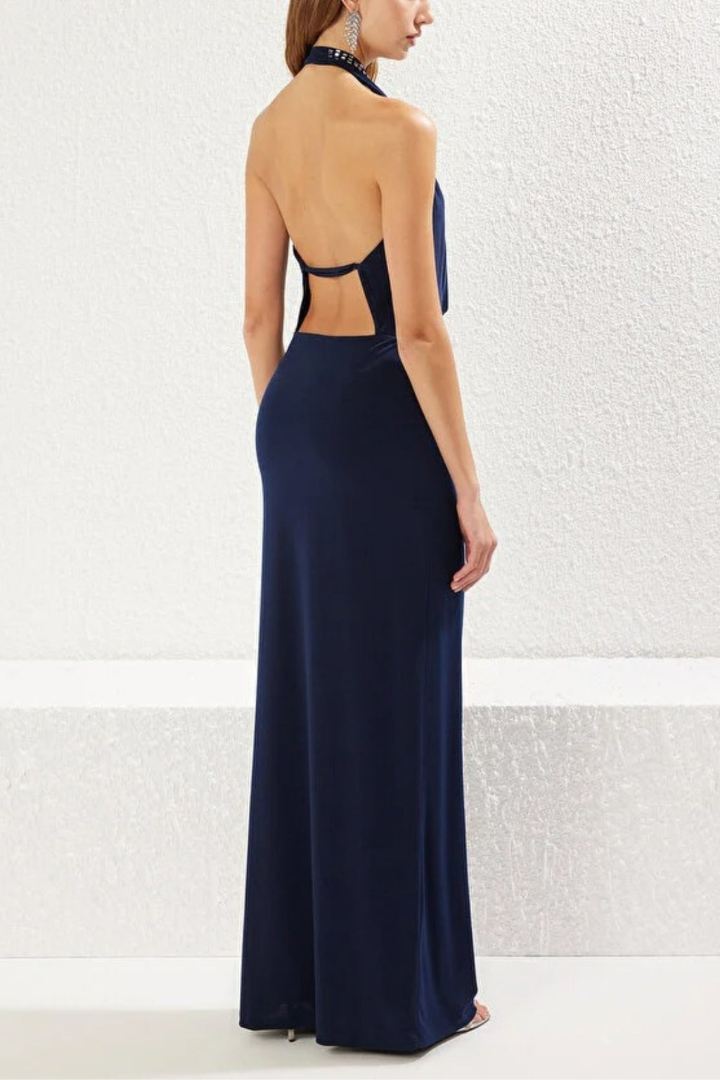 Cowl Neck Evening Dress with Shiny Stone Detail