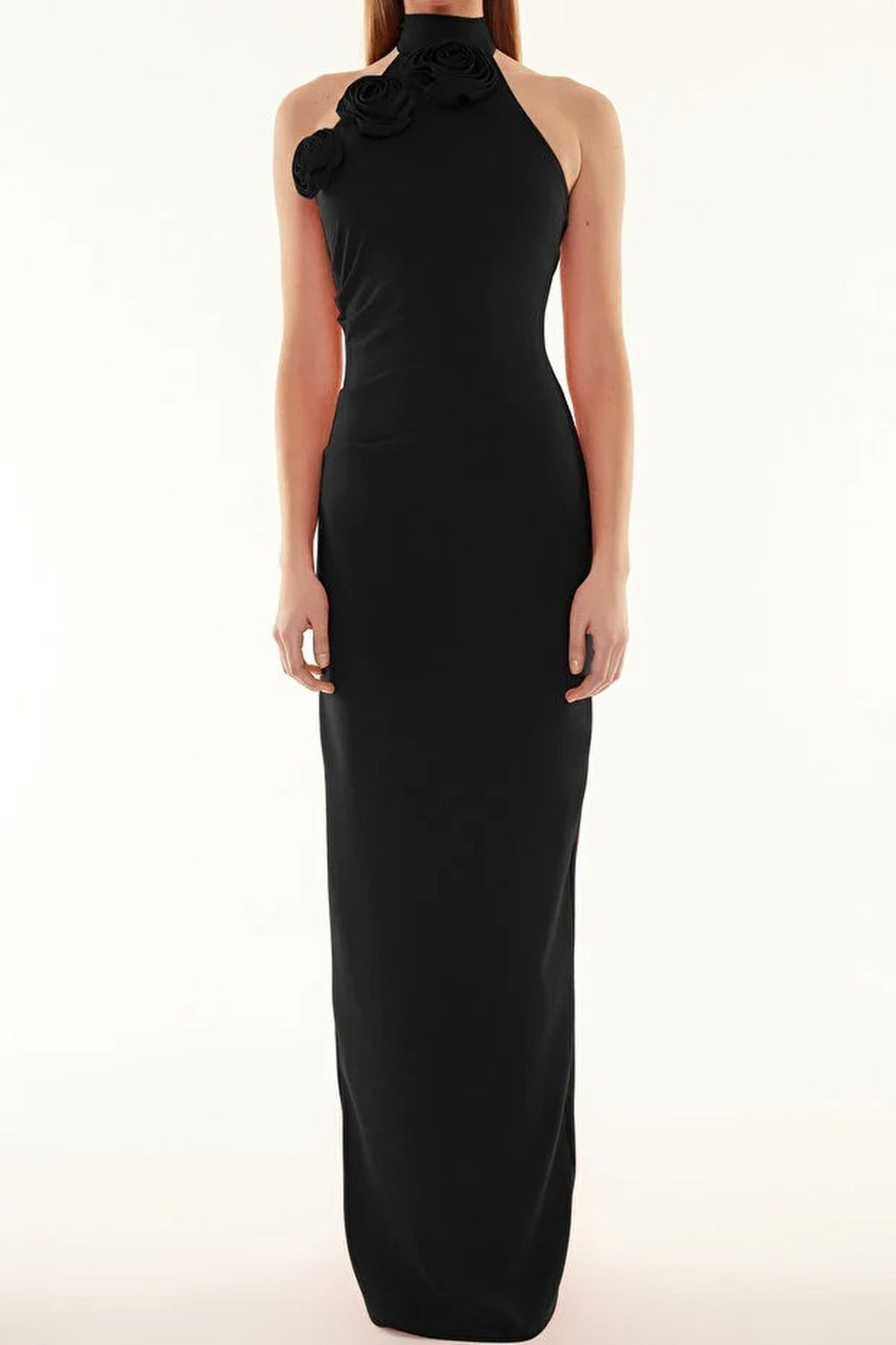 Woven Maxi Elegant Evening Dress with Rose Detail