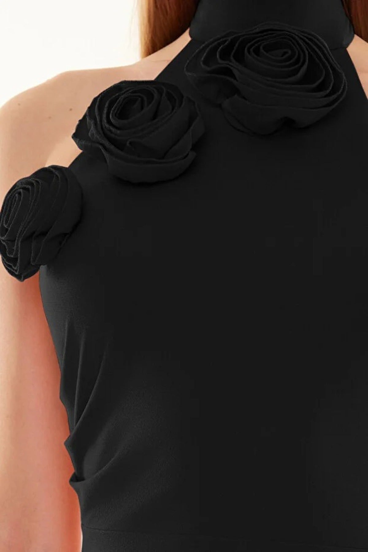 Woven Maxi Elegant Evening Dress with Rose Detail