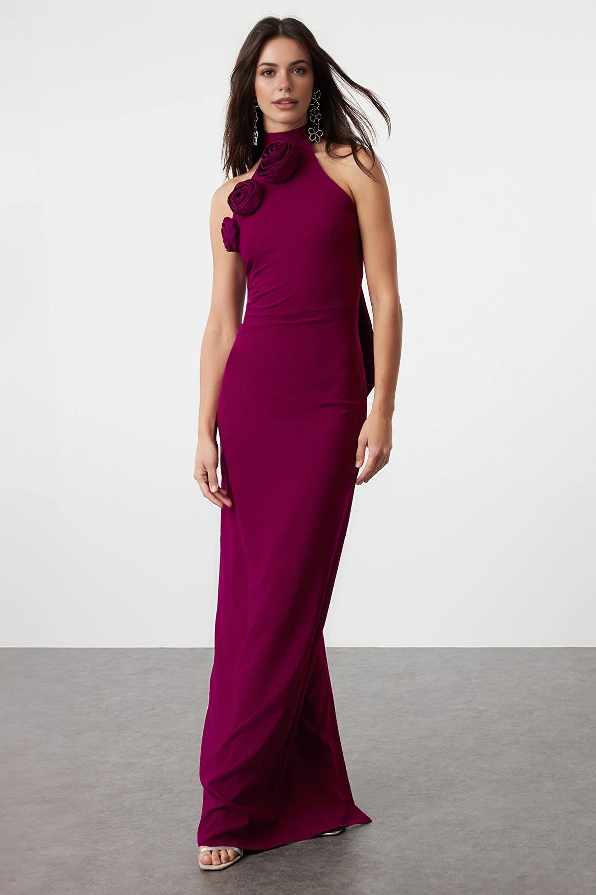 Woven Maxi Elegant Evening Dress with Rose Detail