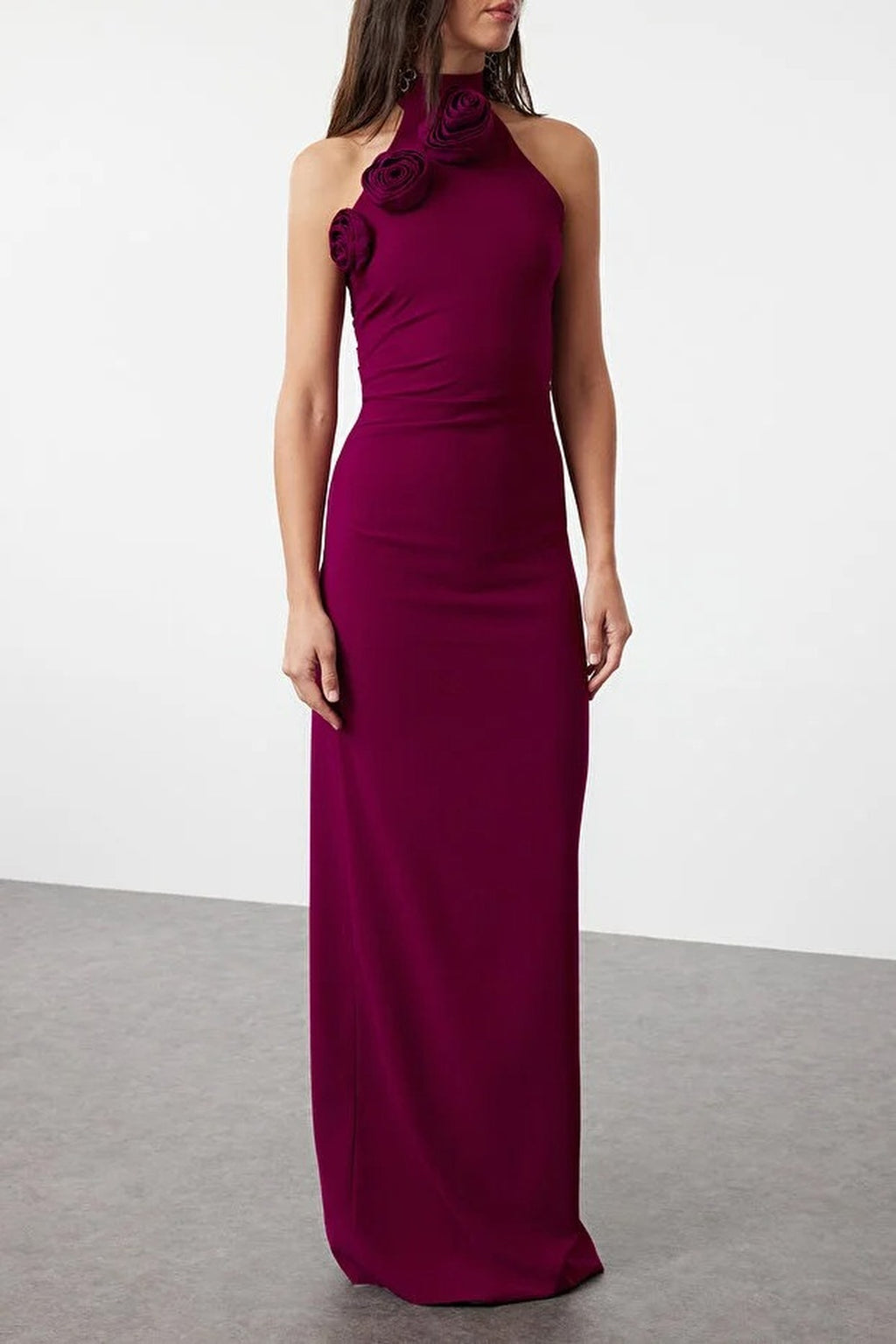 Woven Maxi Elegant Evening Dress with Rose Detail