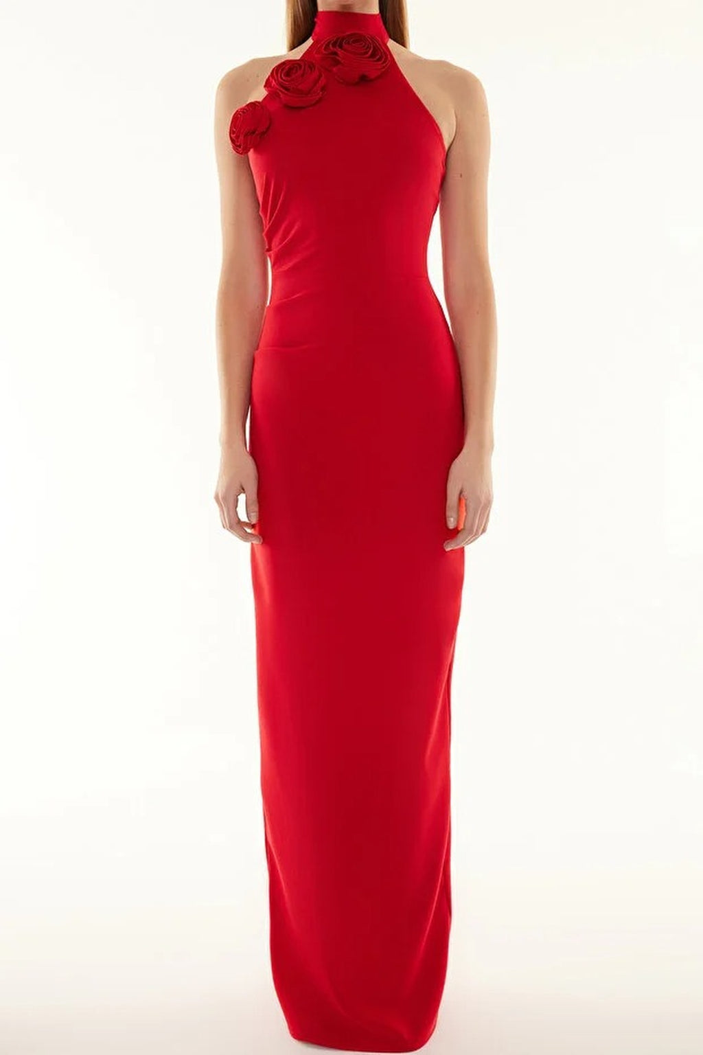 Woven Maxi Elegant Evening Dress with Rose Detail