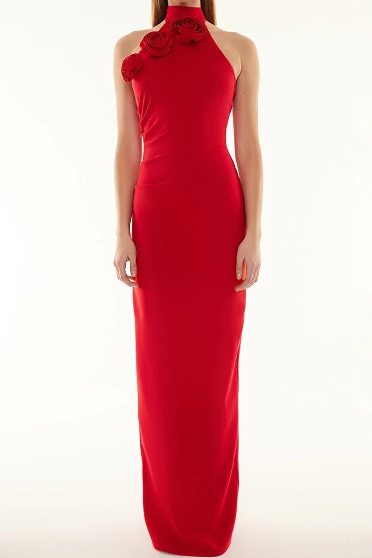 Woven Maxi Elegant Evening Dress with Rose Detail