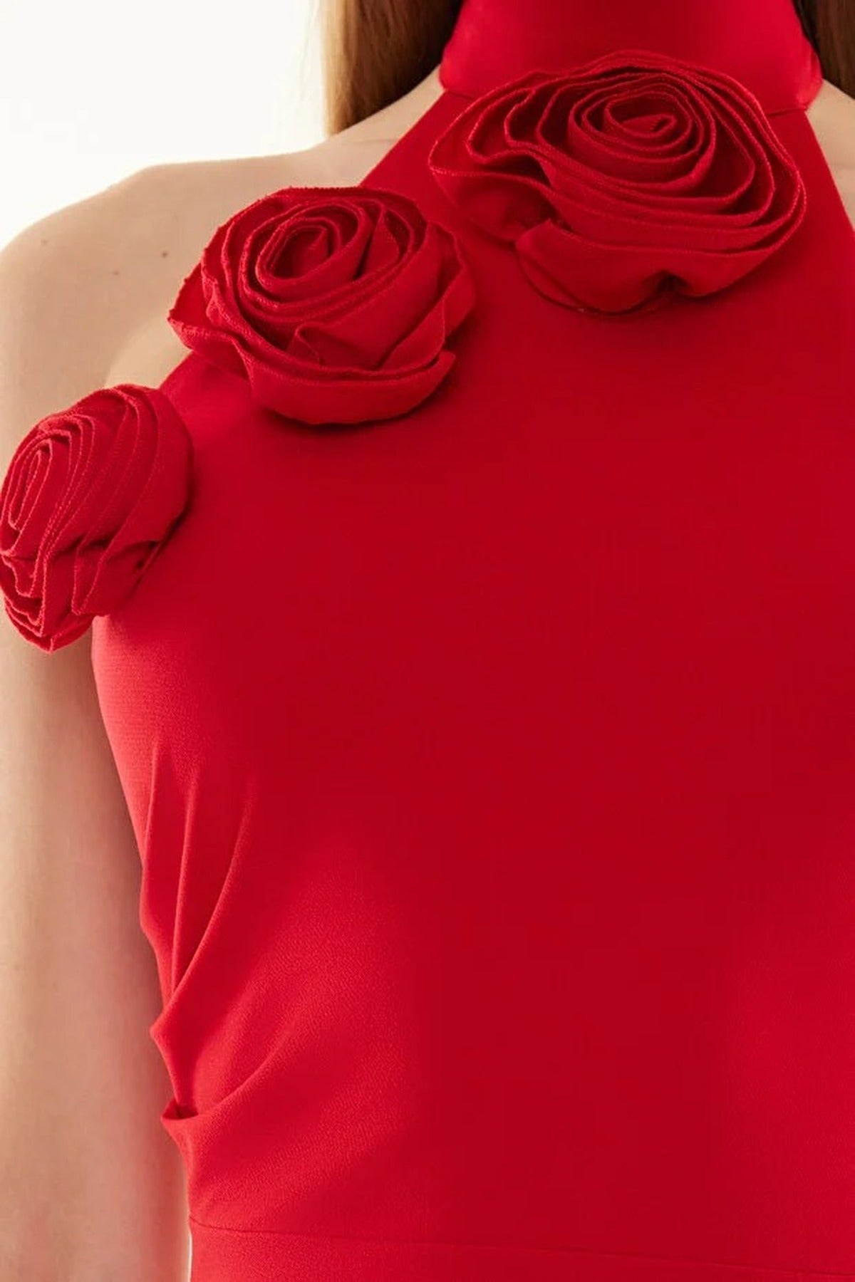 Woven Maxi Elegant Evening Dress with Rose Detail