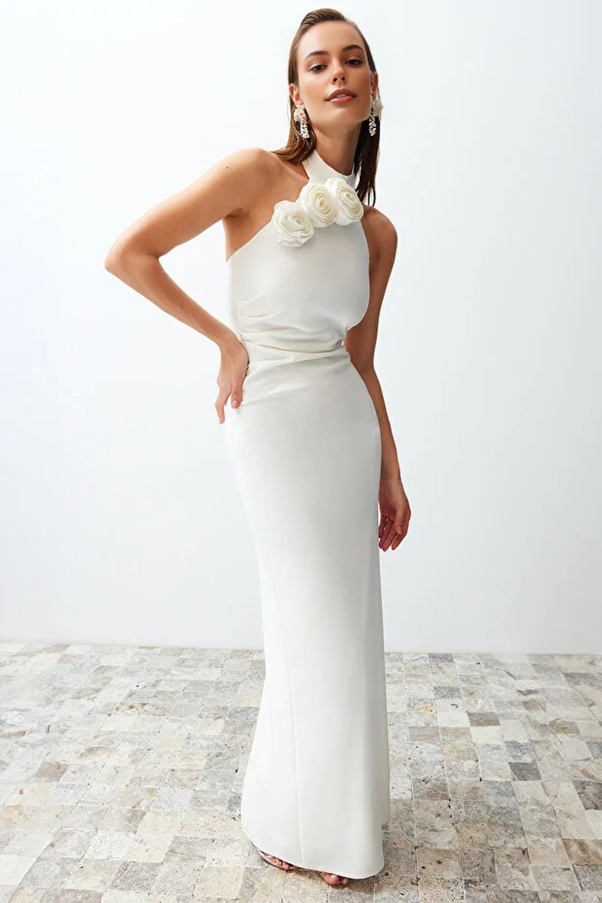 Woven Maxi Elegant Evening Dress with Rose Detail