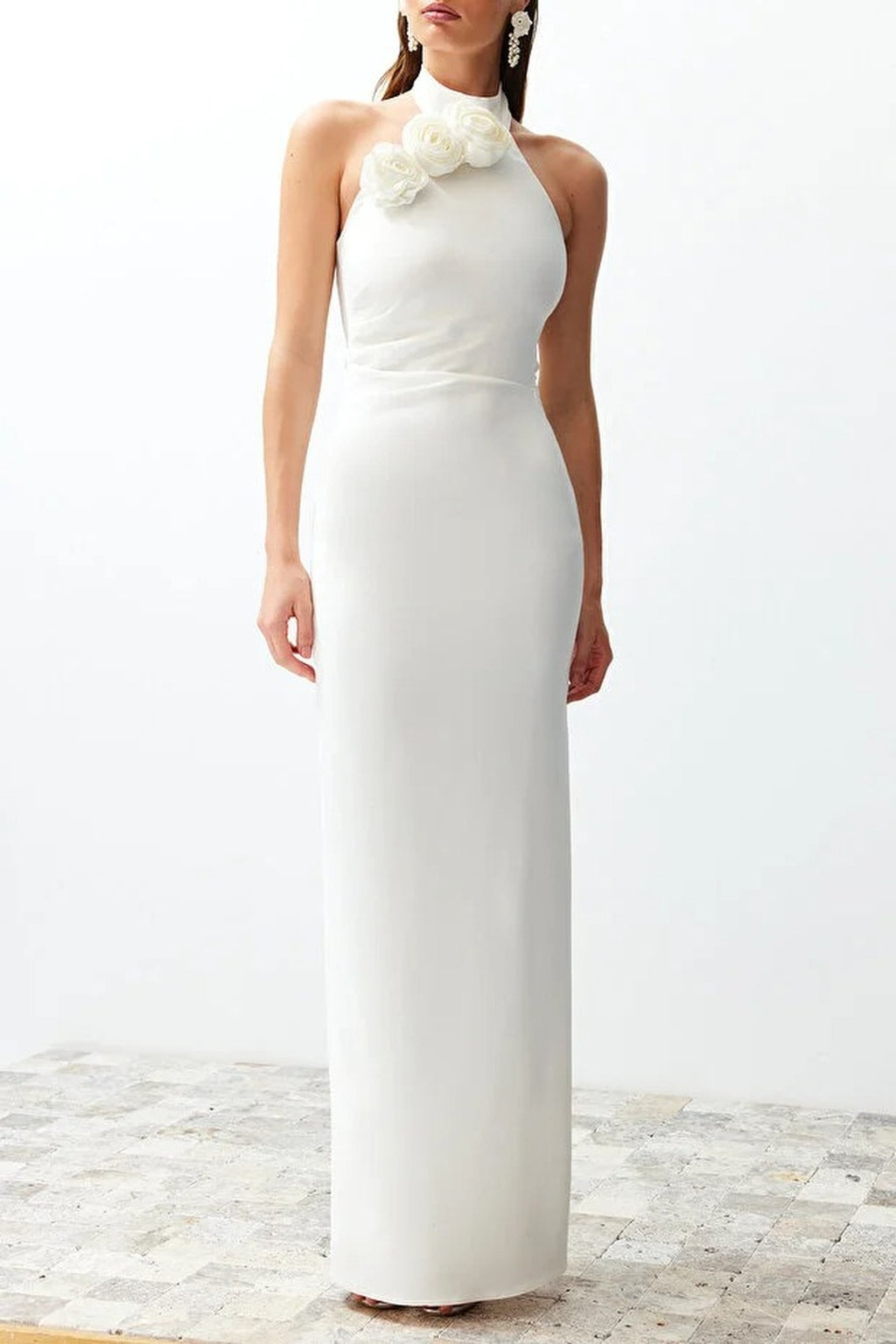 Woven Maxi Elegant Evening Dress with Rose Detail