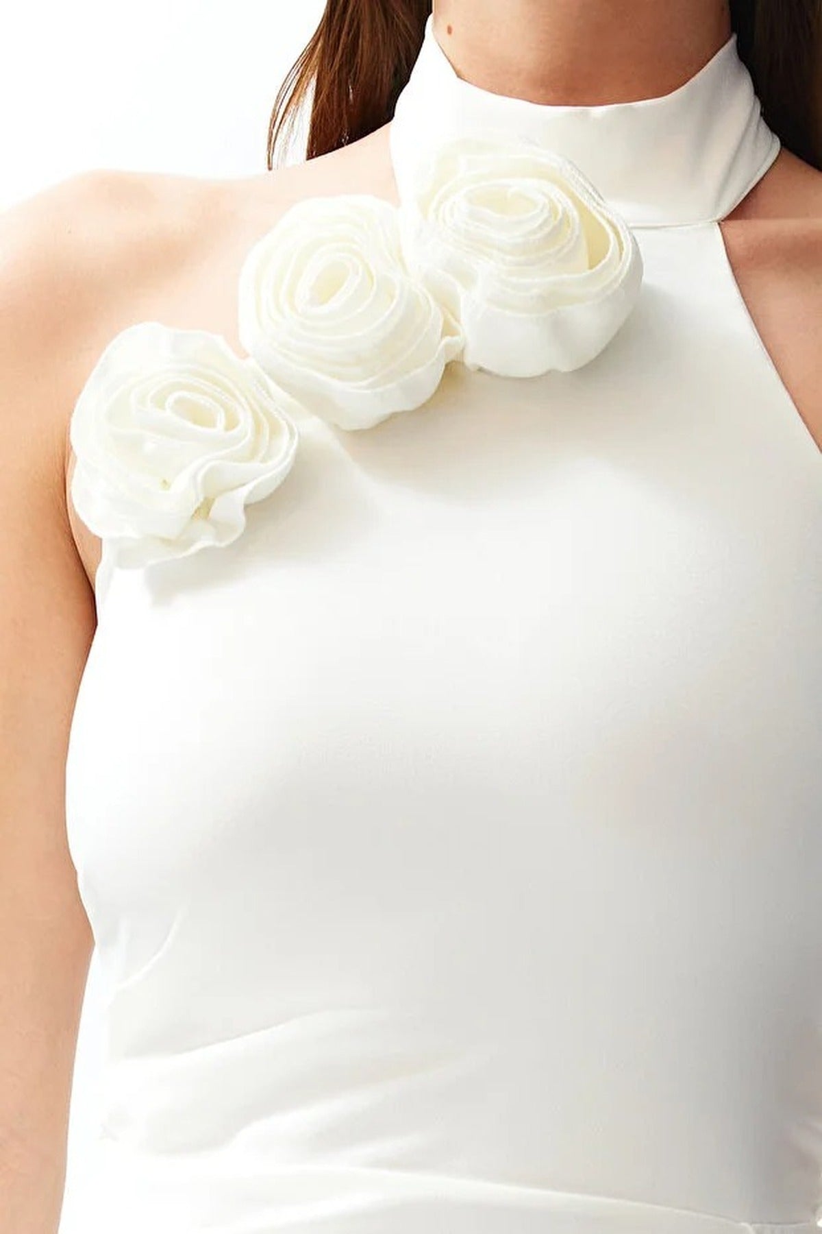 Woven Maxi Elegant Evening Dress with Rose Detail