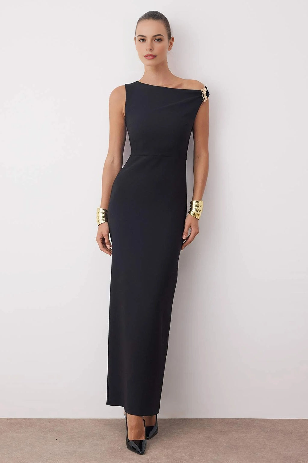 Asymmetrical Collar Maxi Elegant Evening Dress with Accessory Detail