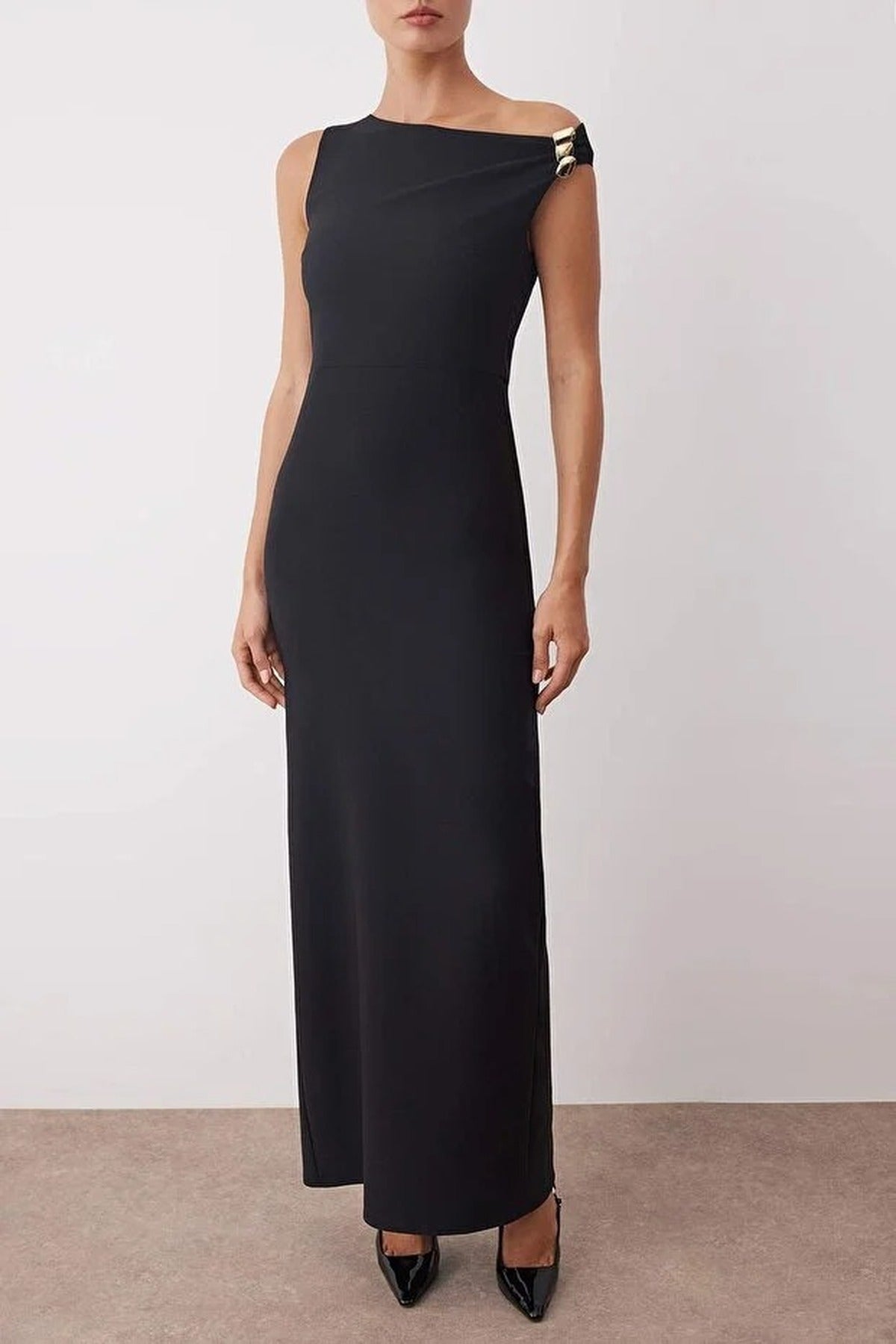 Asymmetrical Collar Maxi Elegant Evening Dress with Accessory Detail