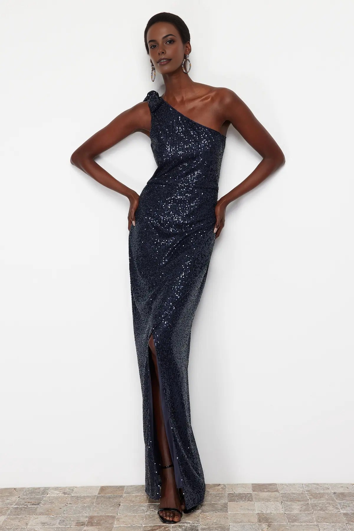 One Sleeve Sequin Long Elegant Evening Dress