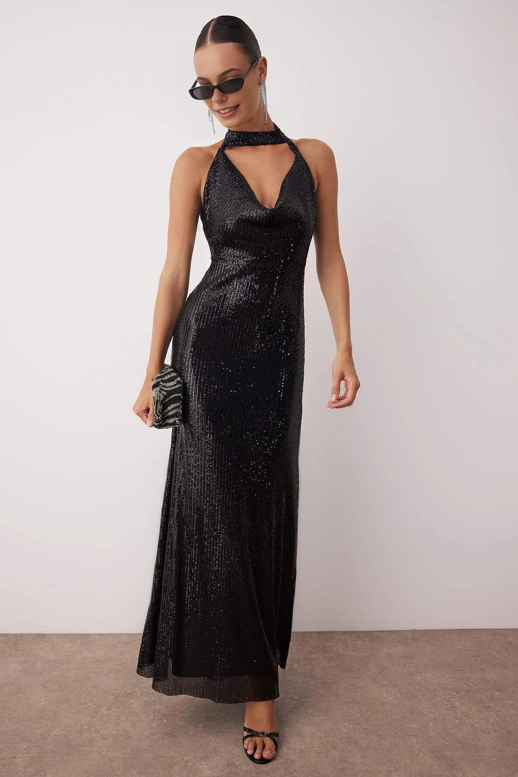 Sequin Elegant Evening Dress with Cowl Neck