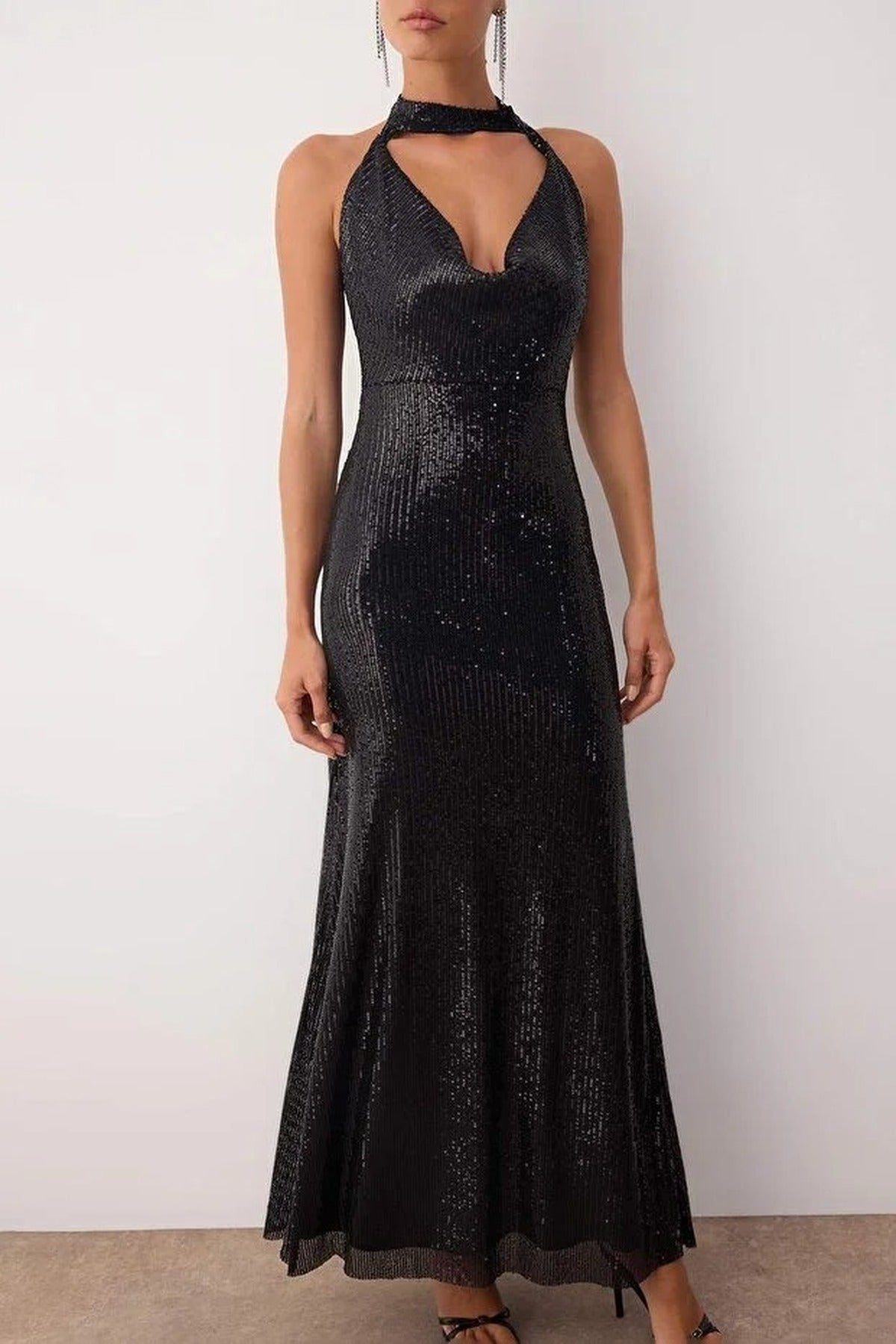 Sequin Elegant Evening Dress with Cowl Neck