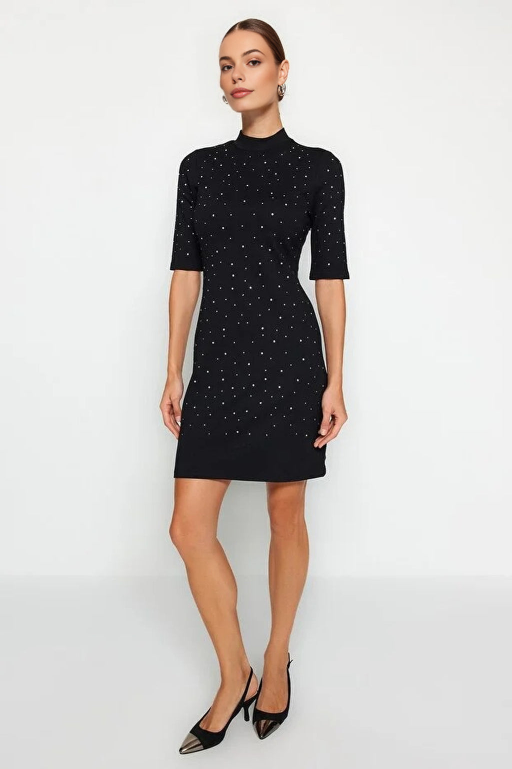 Skater Short Sleeve Mini Knit Pencil Dress with Stone Detail