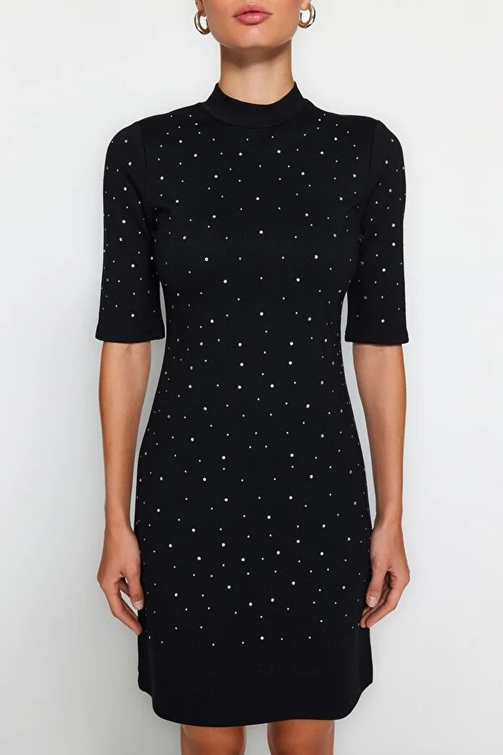 Skater Short Sleeve Mini Knit Pencil Dress with Stone Detail