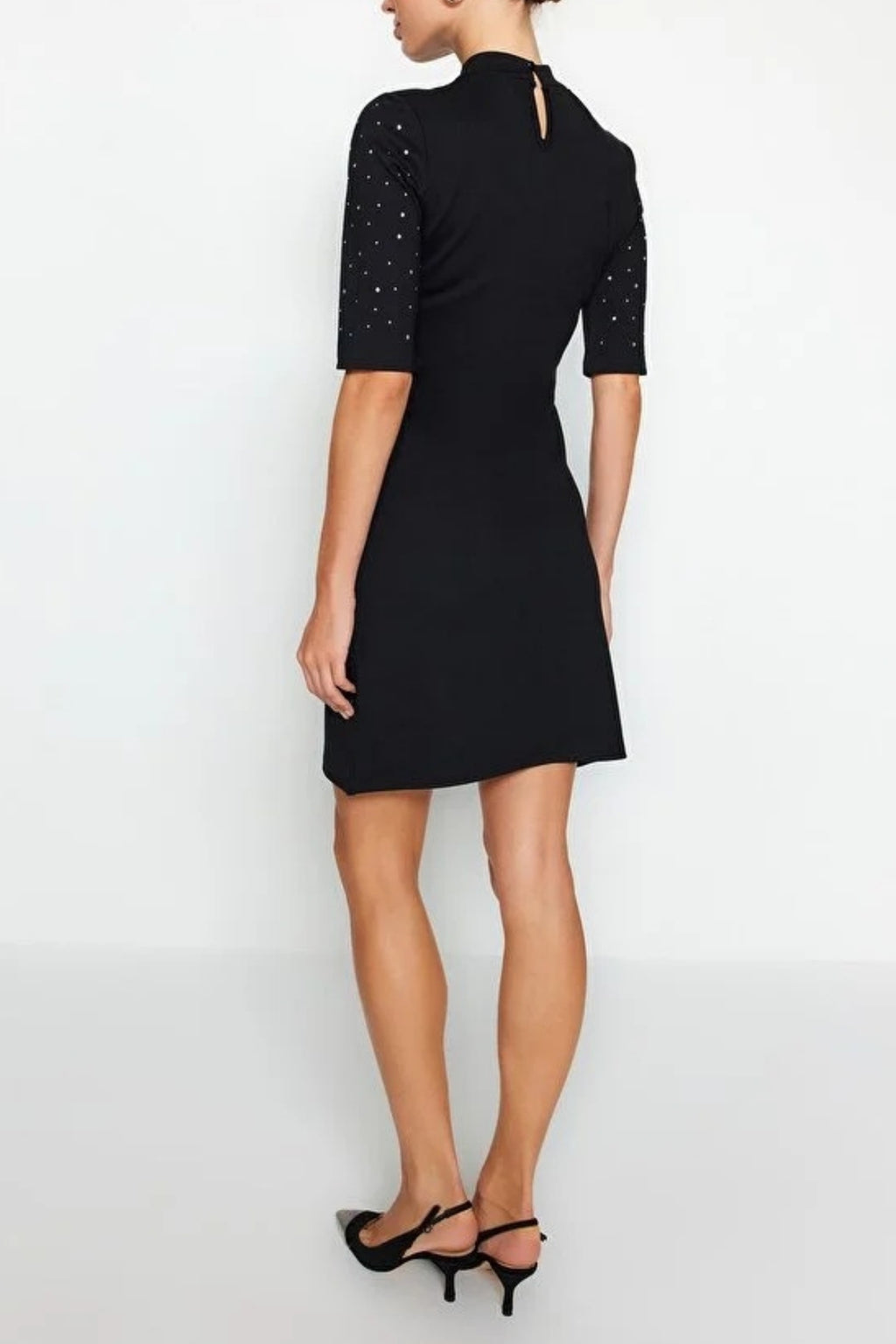 Skater Short Sleeve Mini Knit Pencil Dress with Stone Detail