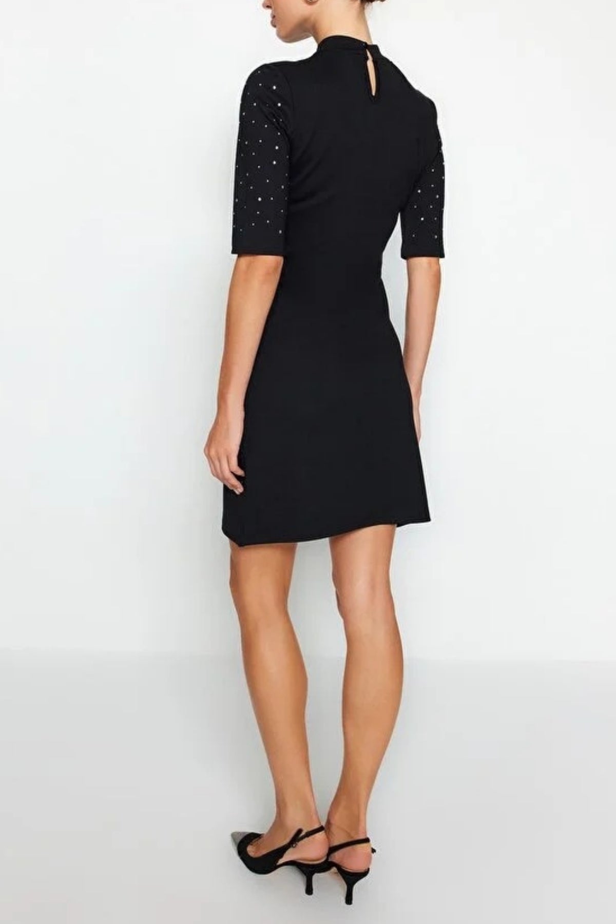 Skater Short Sleeve Mini Knit Pencil Dress with Stone Detail