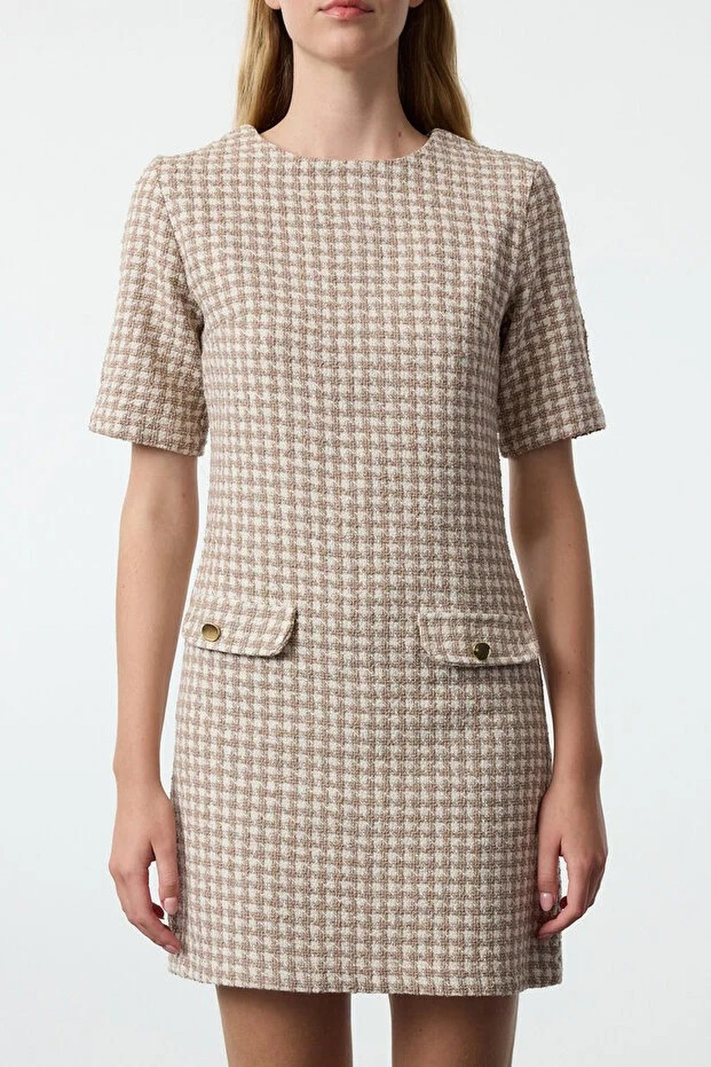 Straight Cut Tweed Woven Dress with Button Detail