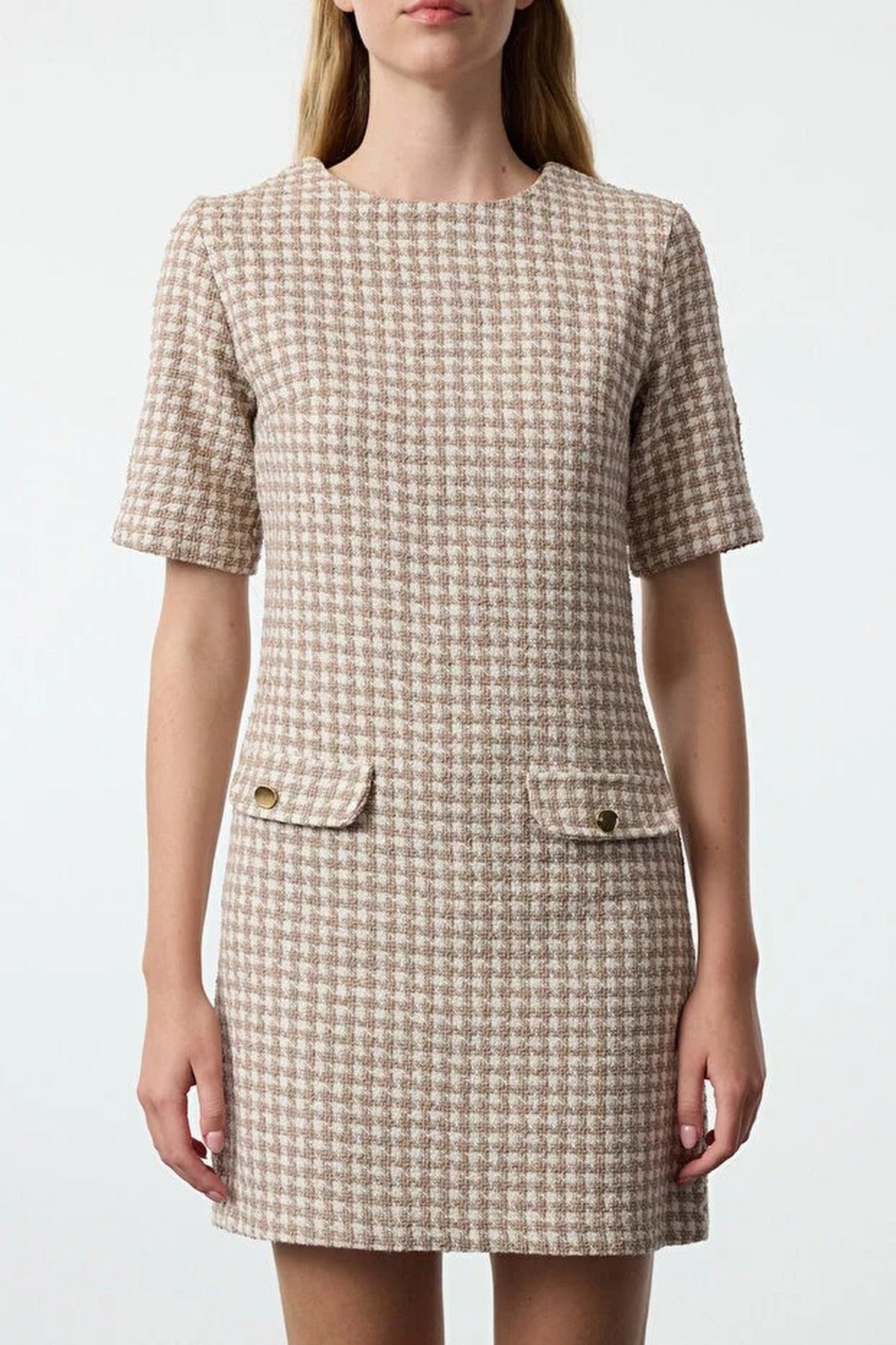 Straight Cut Tweed Woven Dress with Button Detail
