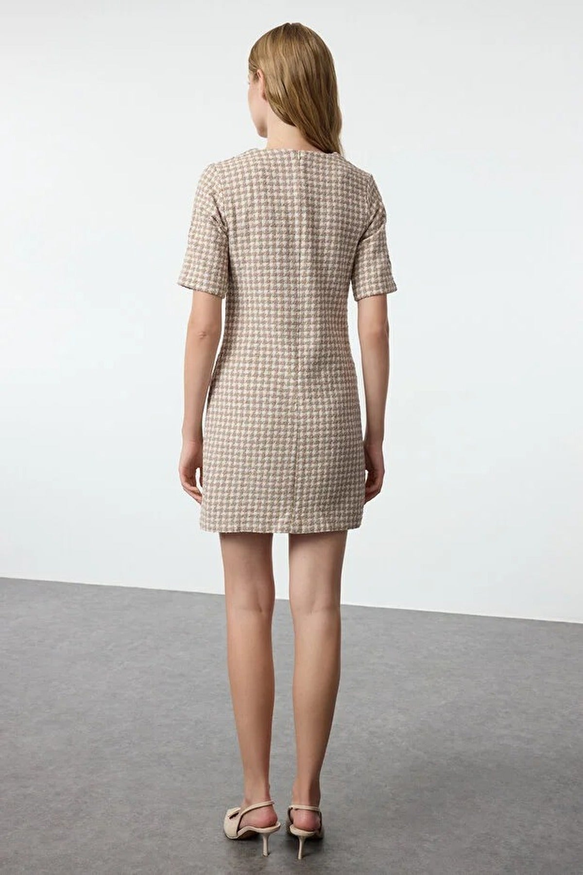 Straight Cut Tweed Woven Dress with Button Detail