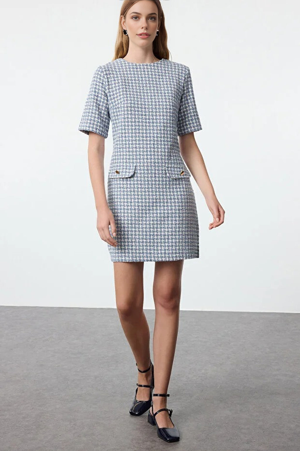 Straight Cut Tweed Woven Dress with Button Detail