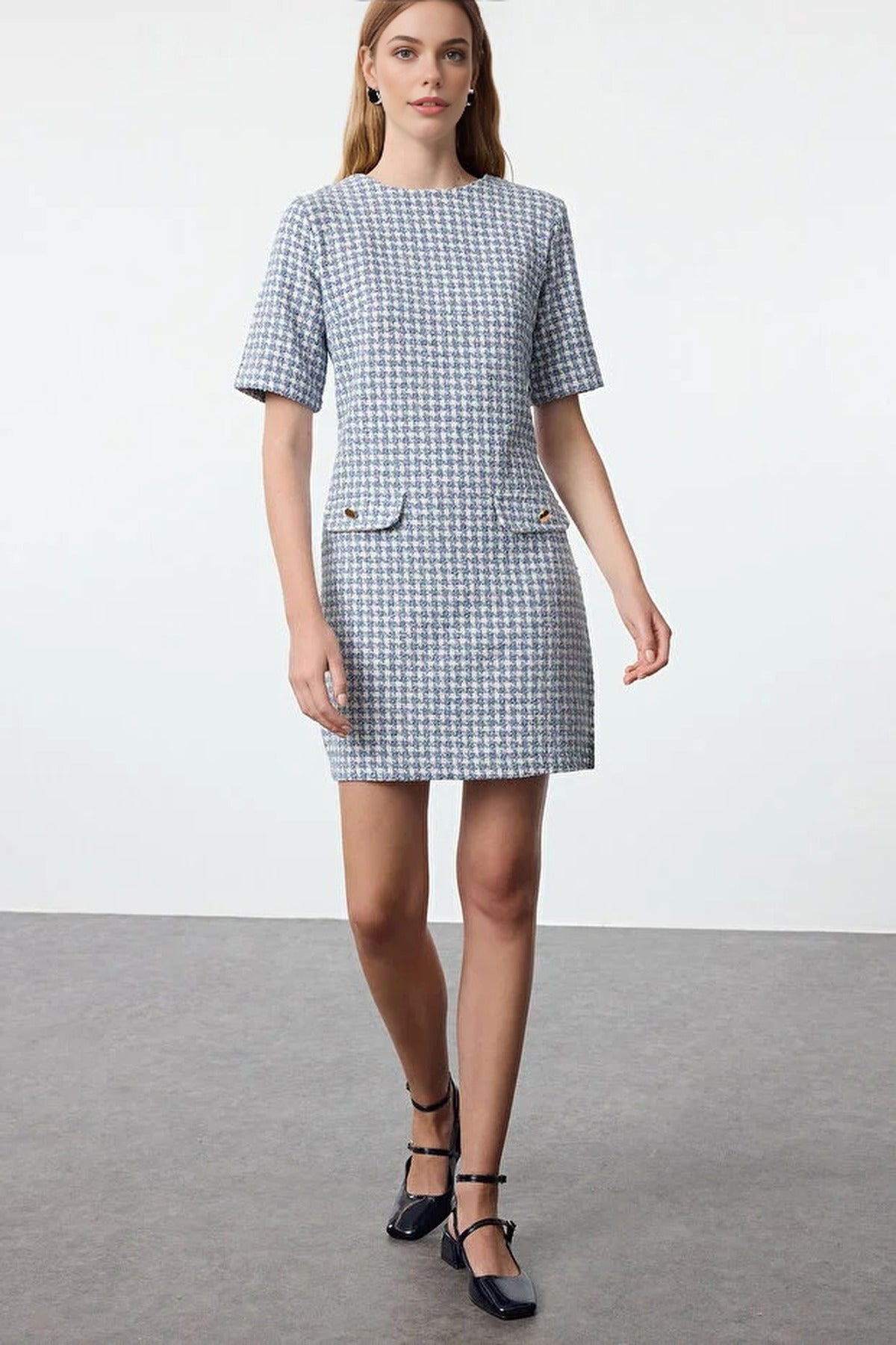 Straight Cut Tweed Woven Dress with Button Detail