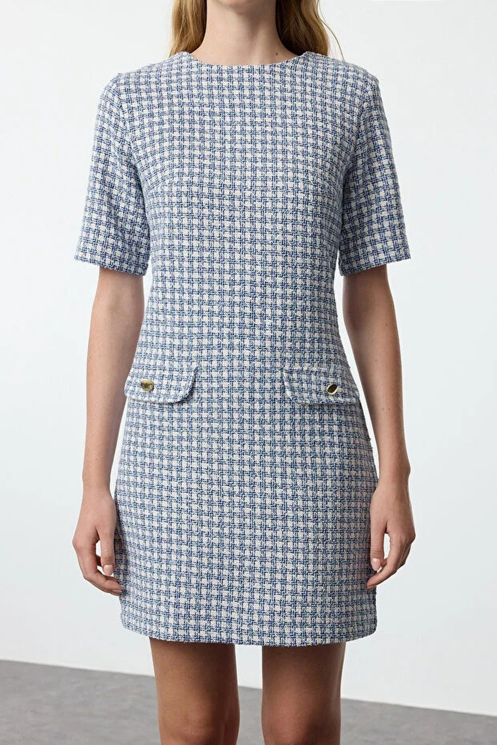 Straight Cut Tweed Woven Dress with Button Detail